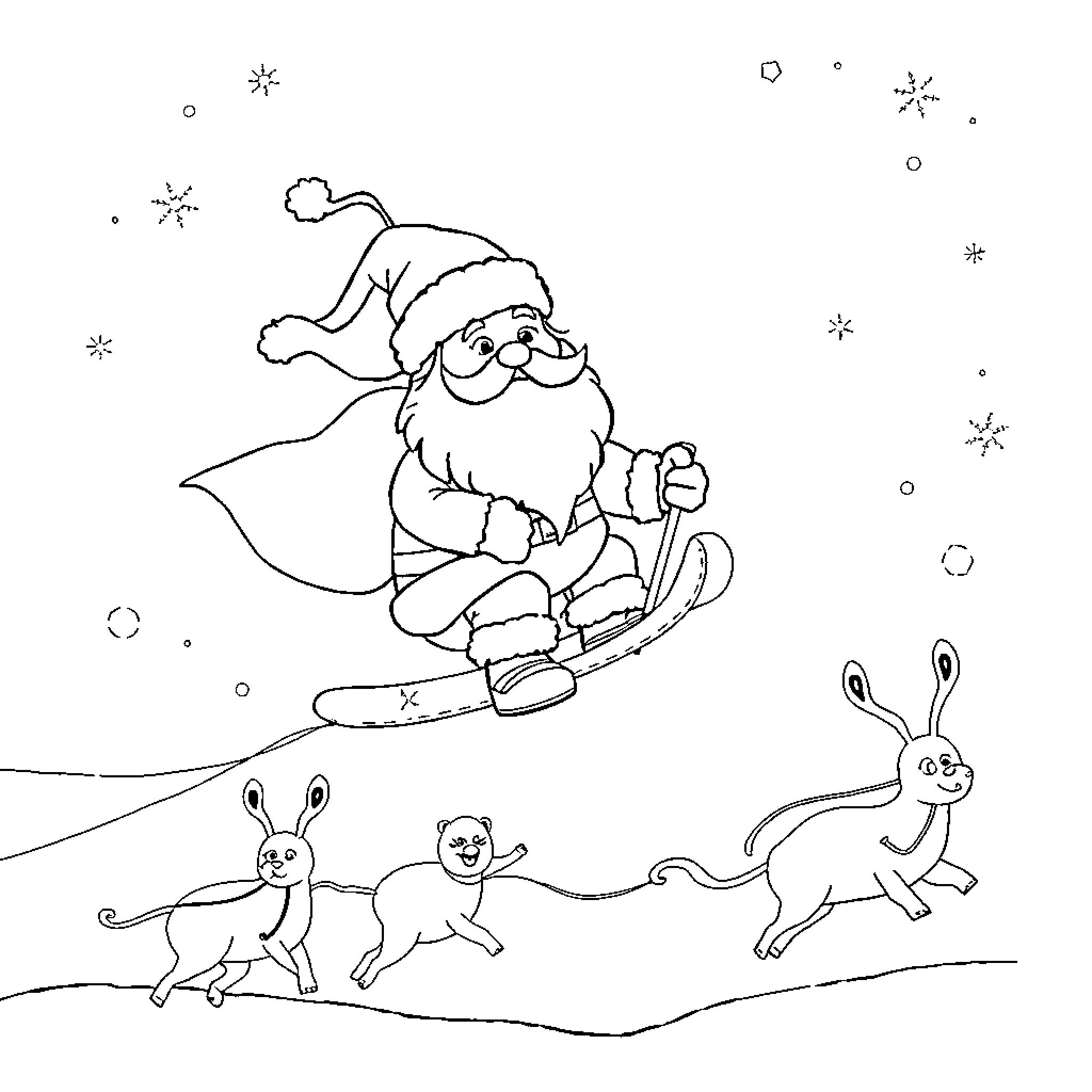 Santa sledding down a hill with playful bunnies Coloring Page (free black-and-white line drawing printable PDF for all, from beginners to advanced learners, including children, teens, adults, and seniors)