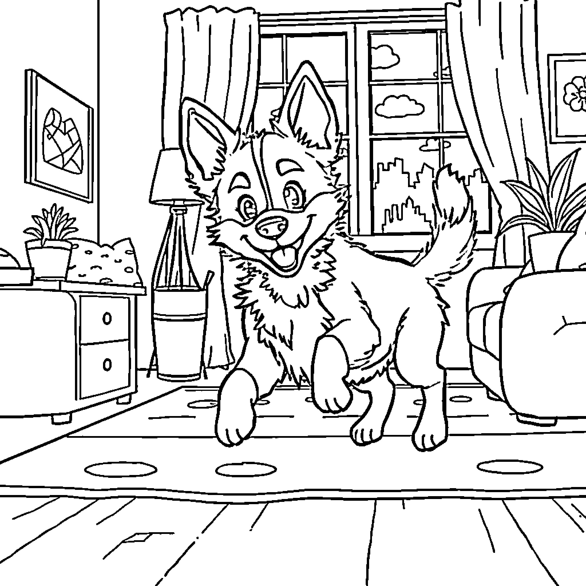 Bluey the playful pup in a cozy indoor scene Coloring Page (free black-and-white line drawing printable PDF for all, from beginners to advanced learners, including children, teens, adults, and seniors)