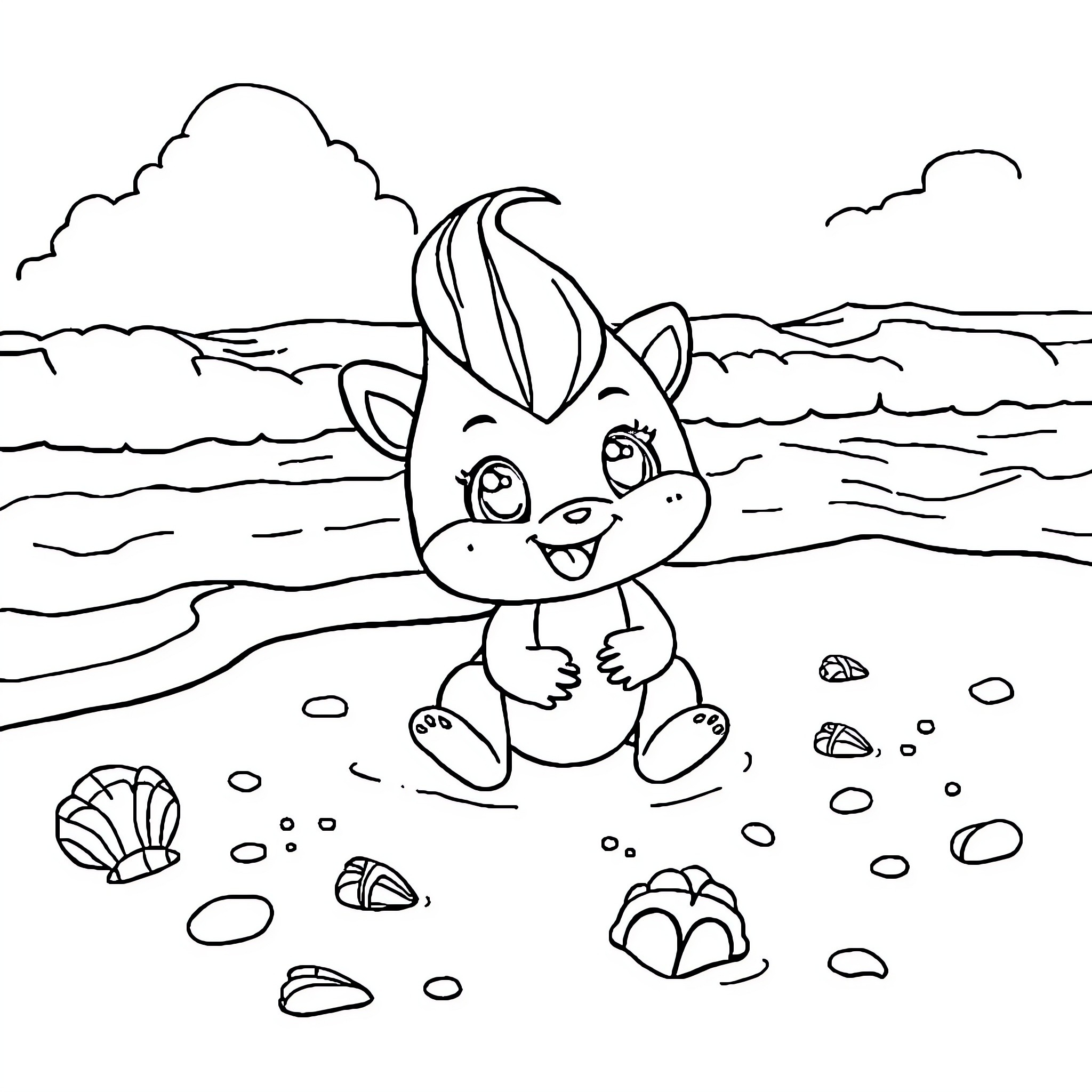 Sprunki playing happily on the beach Coloring Page (free black-and-white line drawing printable PDF for all, from beginners to advanced learners, including children, teens, adults, and seniors)