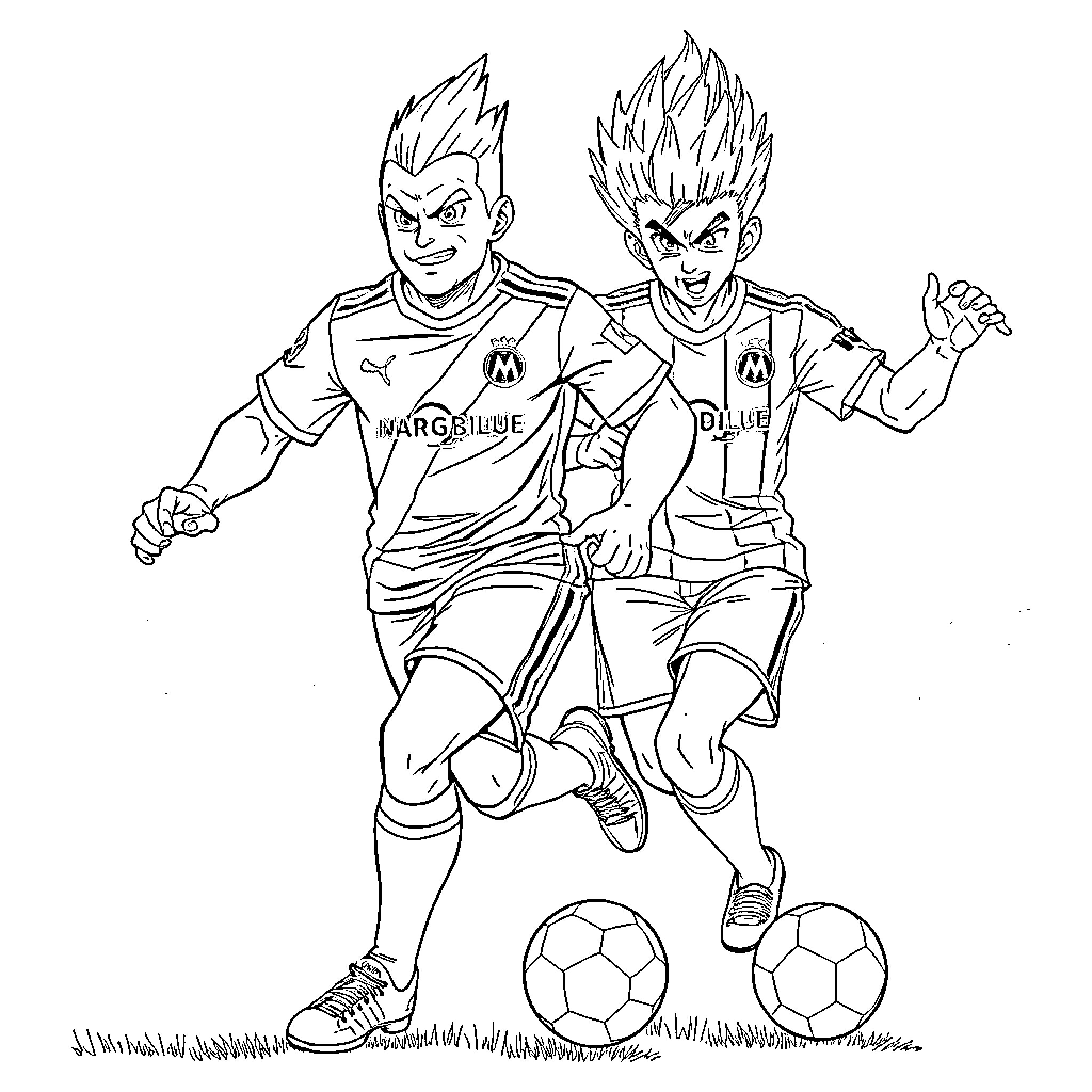 Sangoku Soccer Players in Action Poses Coloring Page (free black-and-white line drawing printable PDF for all, from beginners to advanced learners, including children, teens, adults, and seniors)