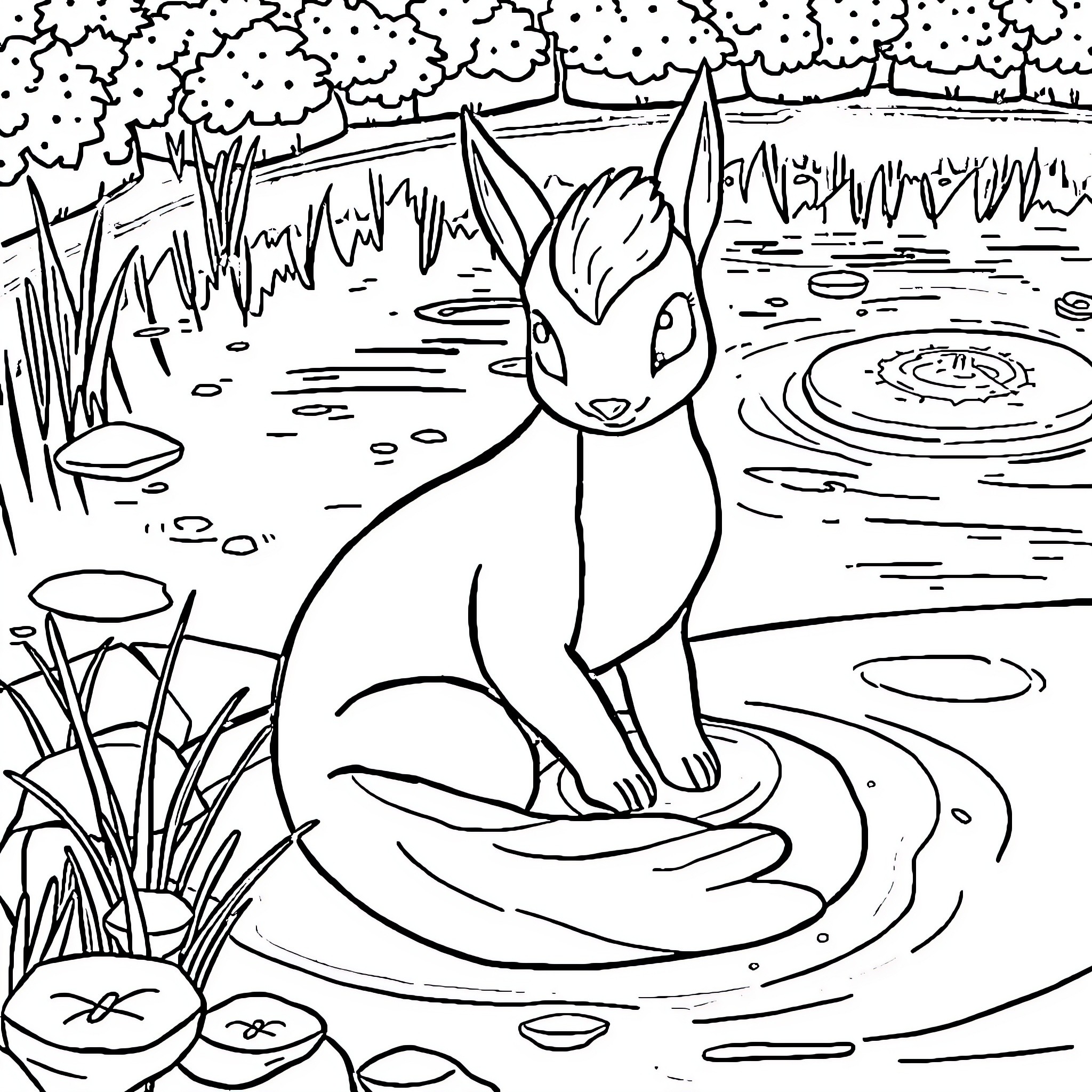 Vaporeon exploring a serene woodland pond Coloring Page (free black-and-white line drawing printable PDF for all, from beginners to advanced learners, including children, teens, adults, and seniors)