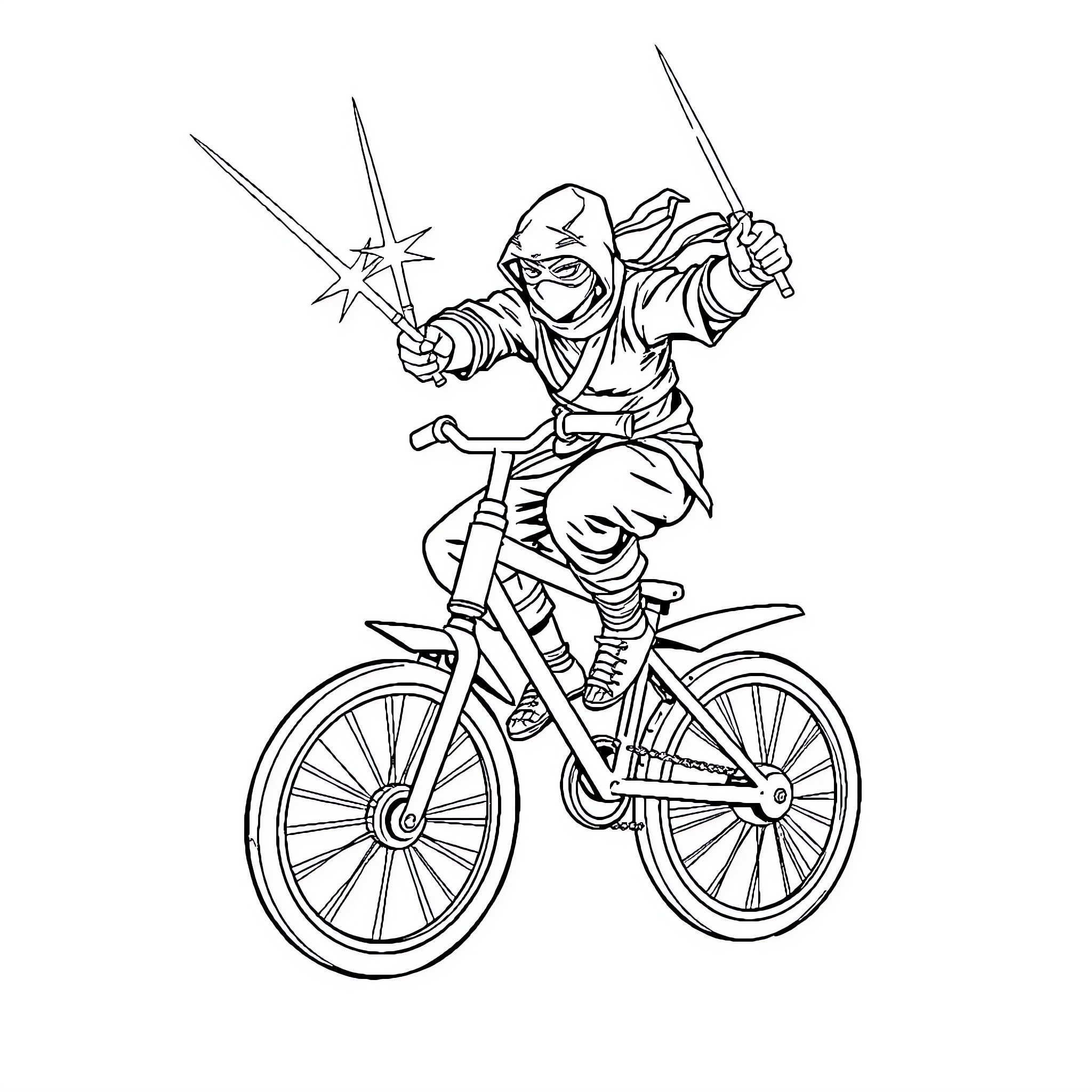 Ninja riding a bicycle and wielding swords Coloring Page (free black-and-white line drawing printable PDF for all, from beginners to advanced learners, including children, teens, adults, and seniors)