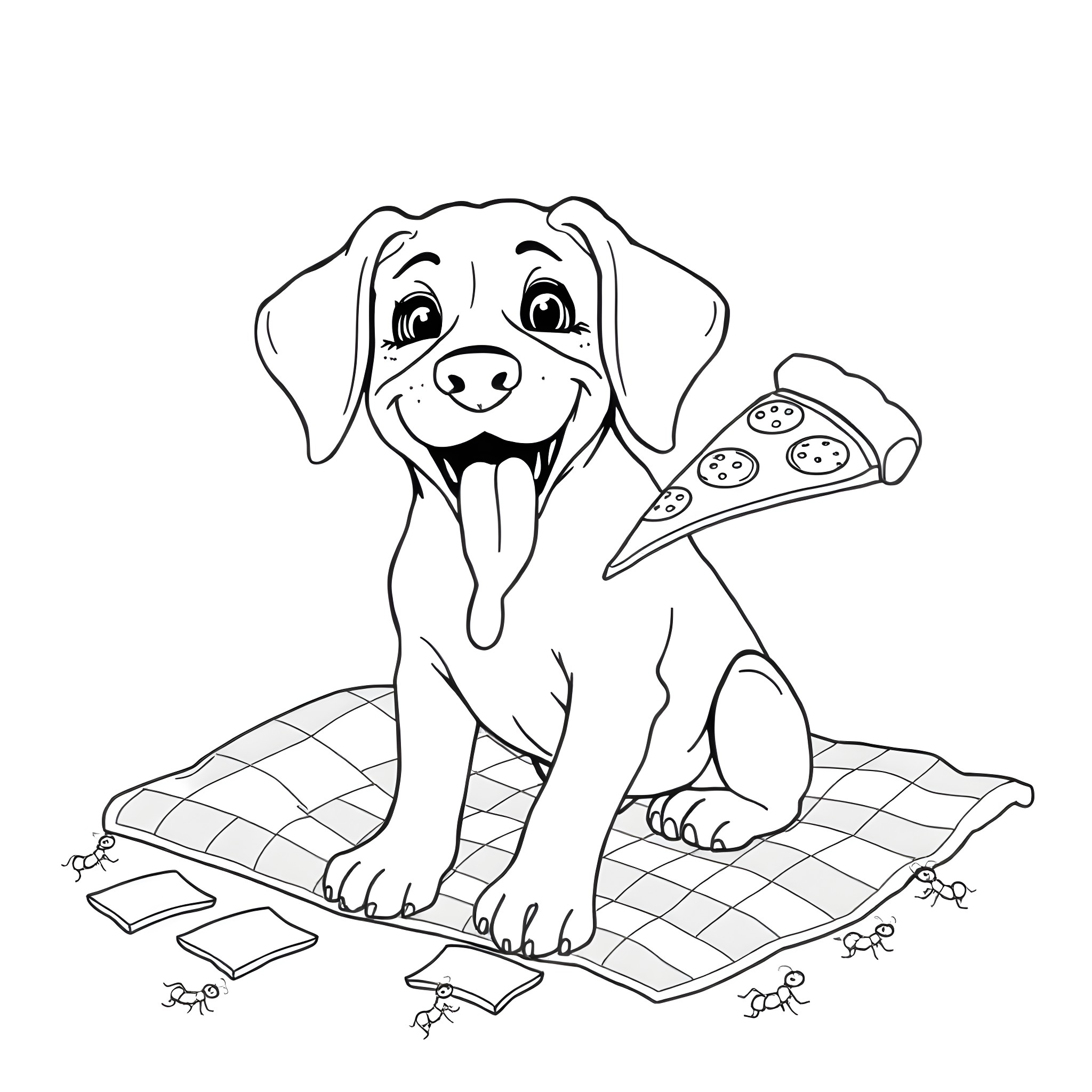 Beagle enjoying a slice of pizza on a picnic blanket Coloring Page (free black-and-white line drawing printable PDF for all, from beginners to advanced learners, including children, teens, adults, and seniors)