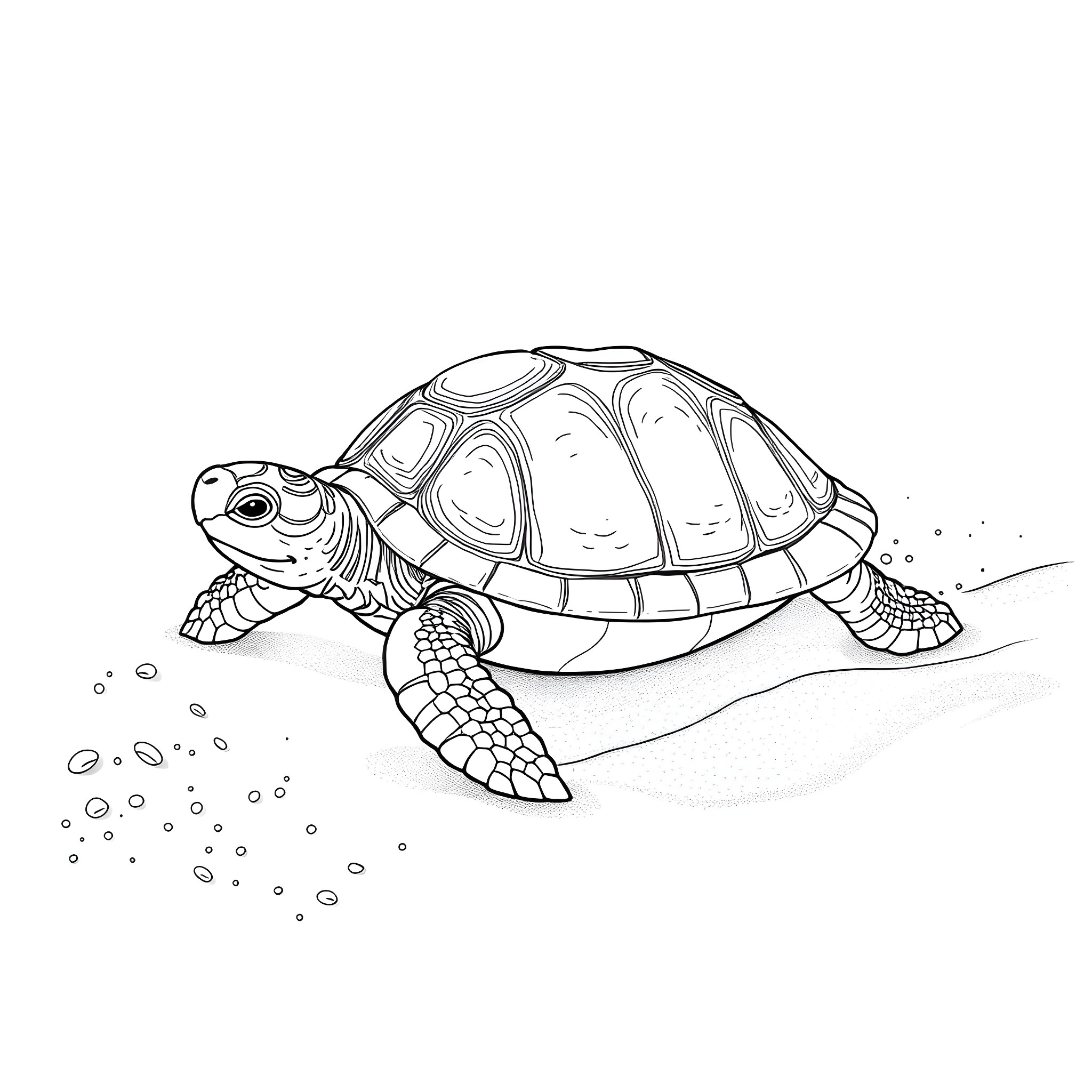 Turtle exploring the sandy terrain Coloring Page (free black-and-white line drawing printable PDF for all, from beginners to advanced learners, including children, teens, adults, and seniors)