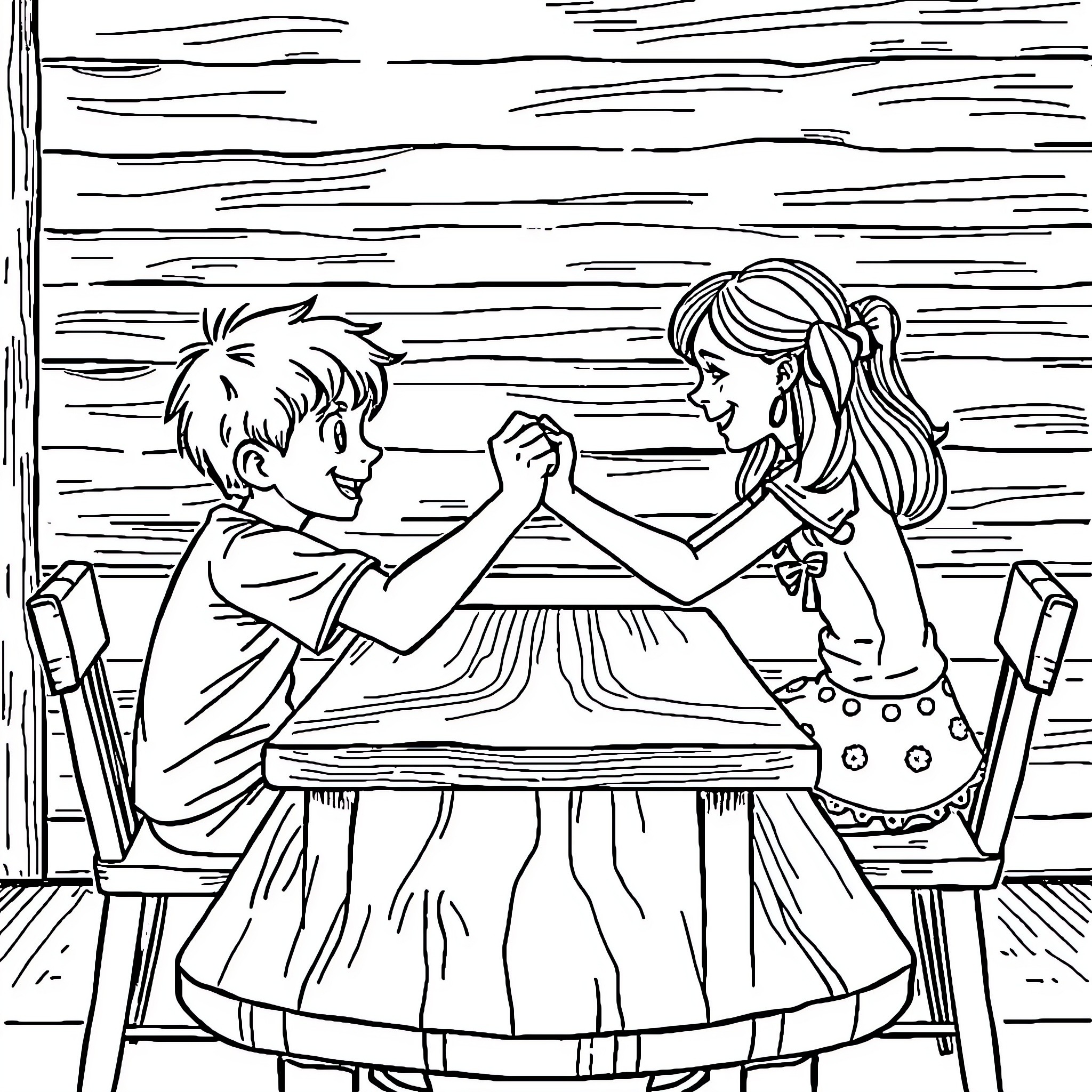 Boy and Girl Playing Arm Wrestling Game Together Coloring Page (free black-and-white line drawing printable PDF for all, from beginners to advanced learners, including children, teens, adults, and seniors)
