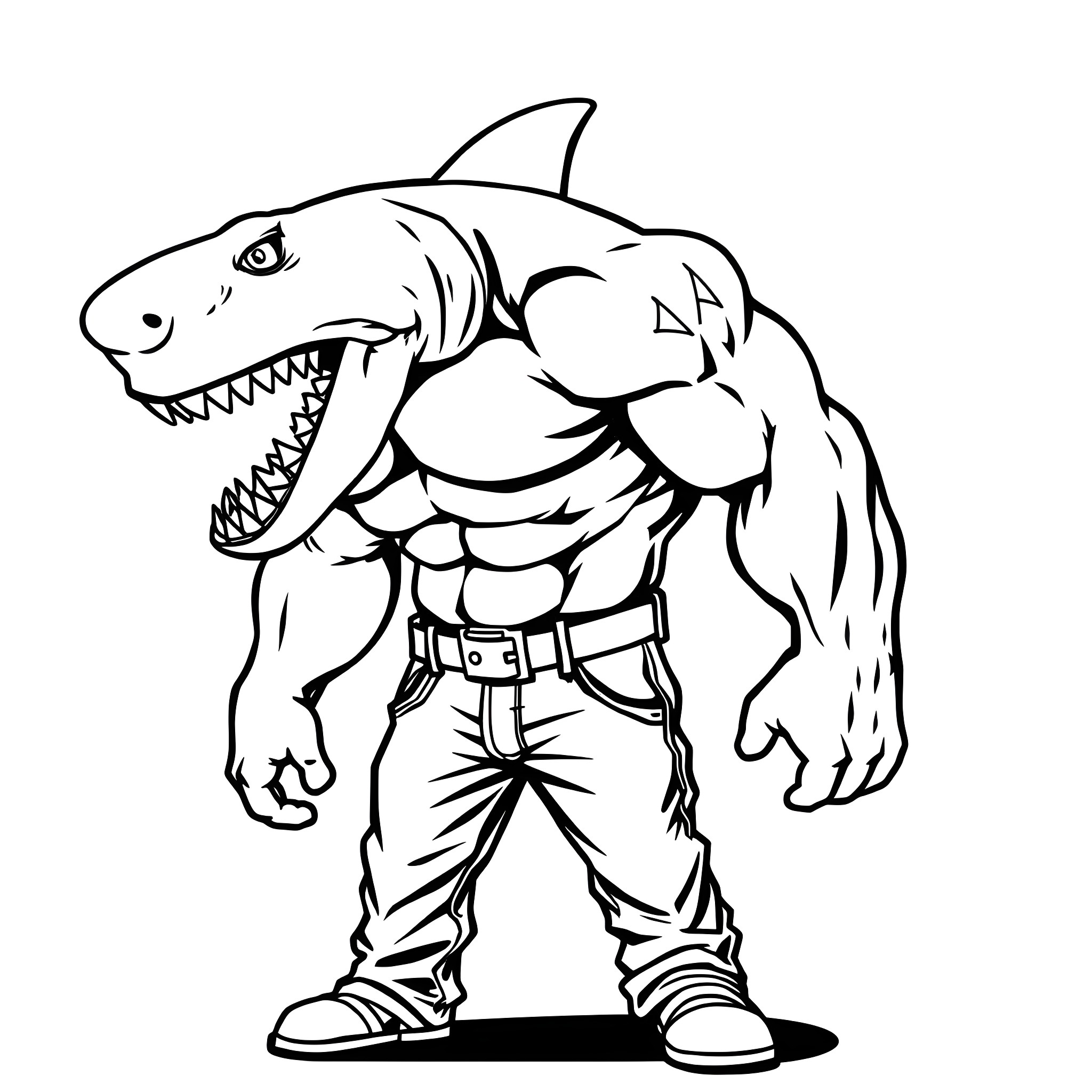Shark-themed muscular character with aggressive expression Coloring Page (free black-and-white line drawing printable PDF for all, from beginners to advanced learners, including children, teens, adults, and seniors)