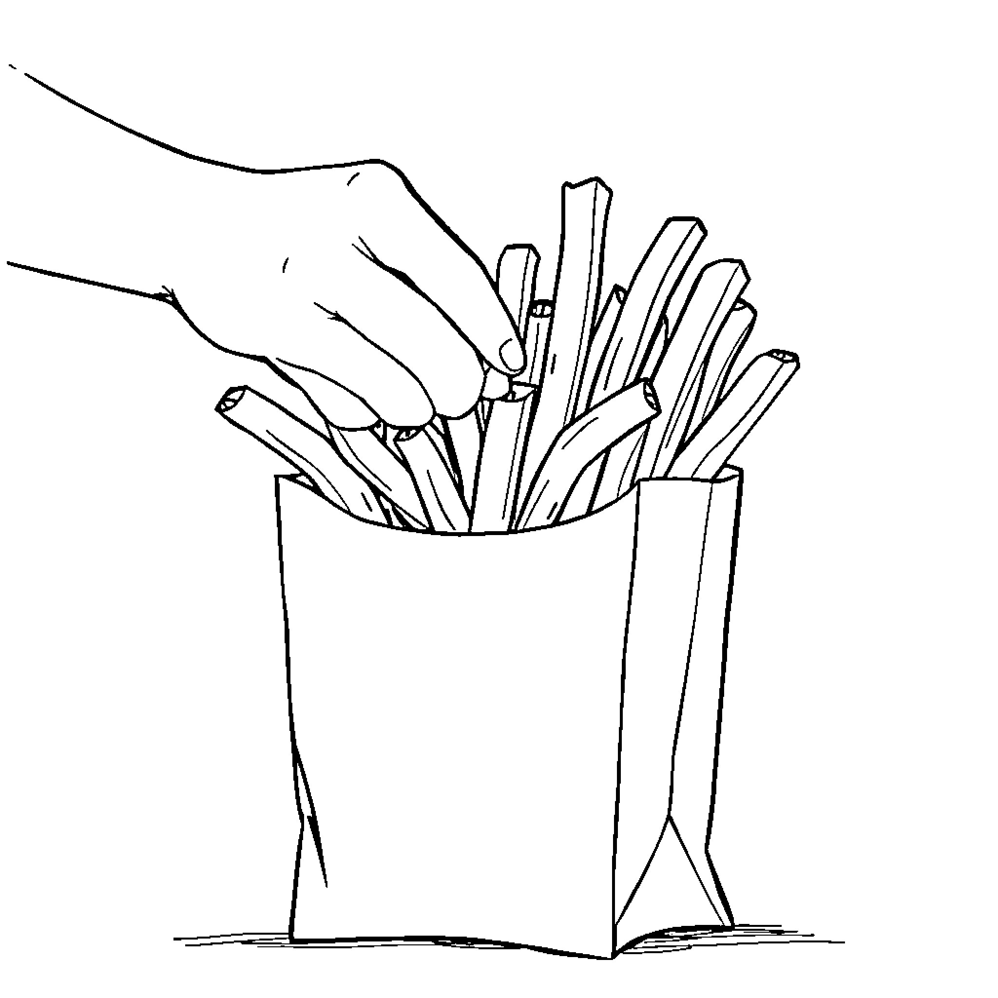 Tshirt with fries in hand Coloring Page (free black-and-white line drawing printable PDF for all, from beginners to advanced learners, including children, teens, adults, and seniors)