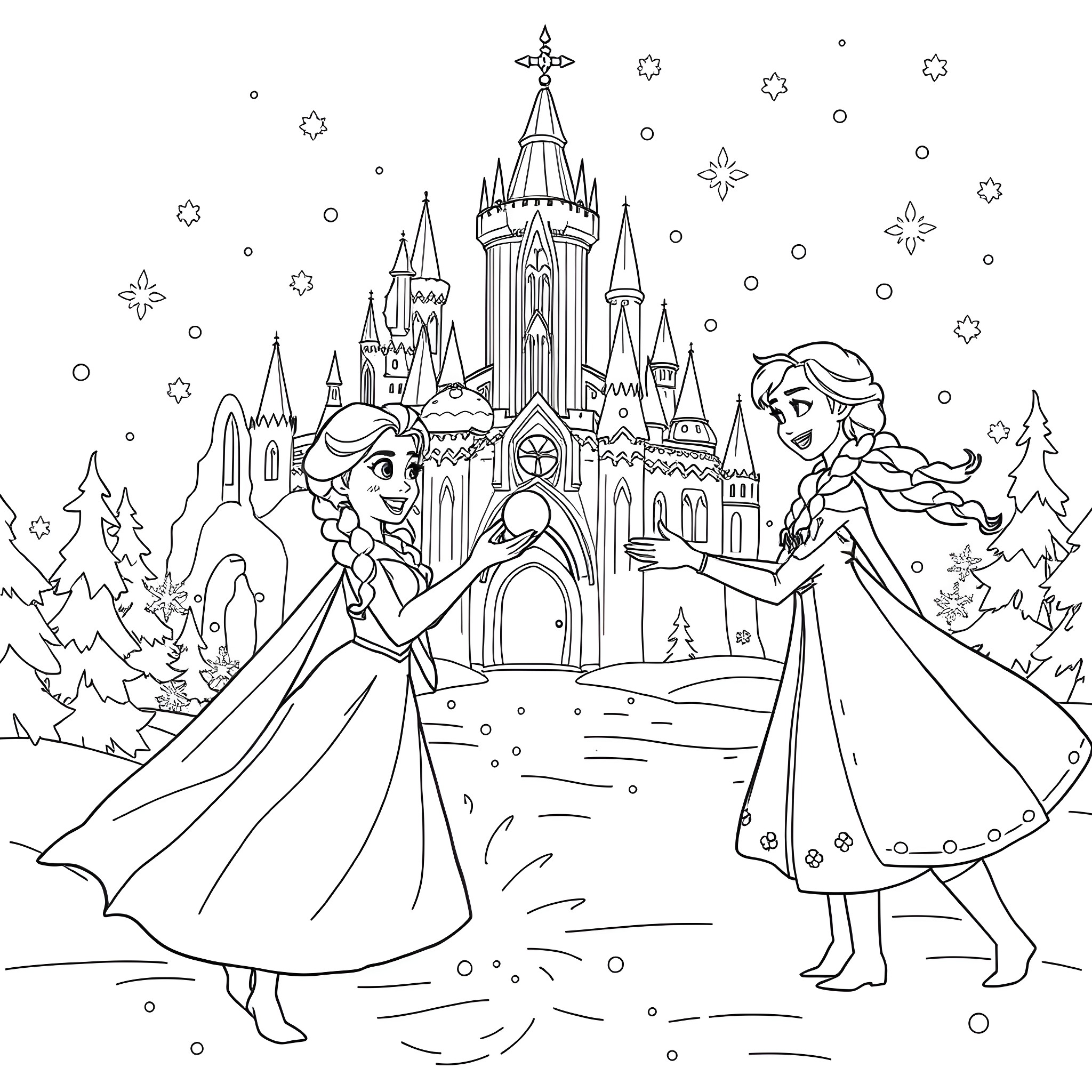 Elsa and Anna Enjoying a Winter Wonderland Castle Scene Coloring Page (free black-and-white line drawing printable PDF for all, from beginners to advanced learners, including children, teens, adults, and seniors)