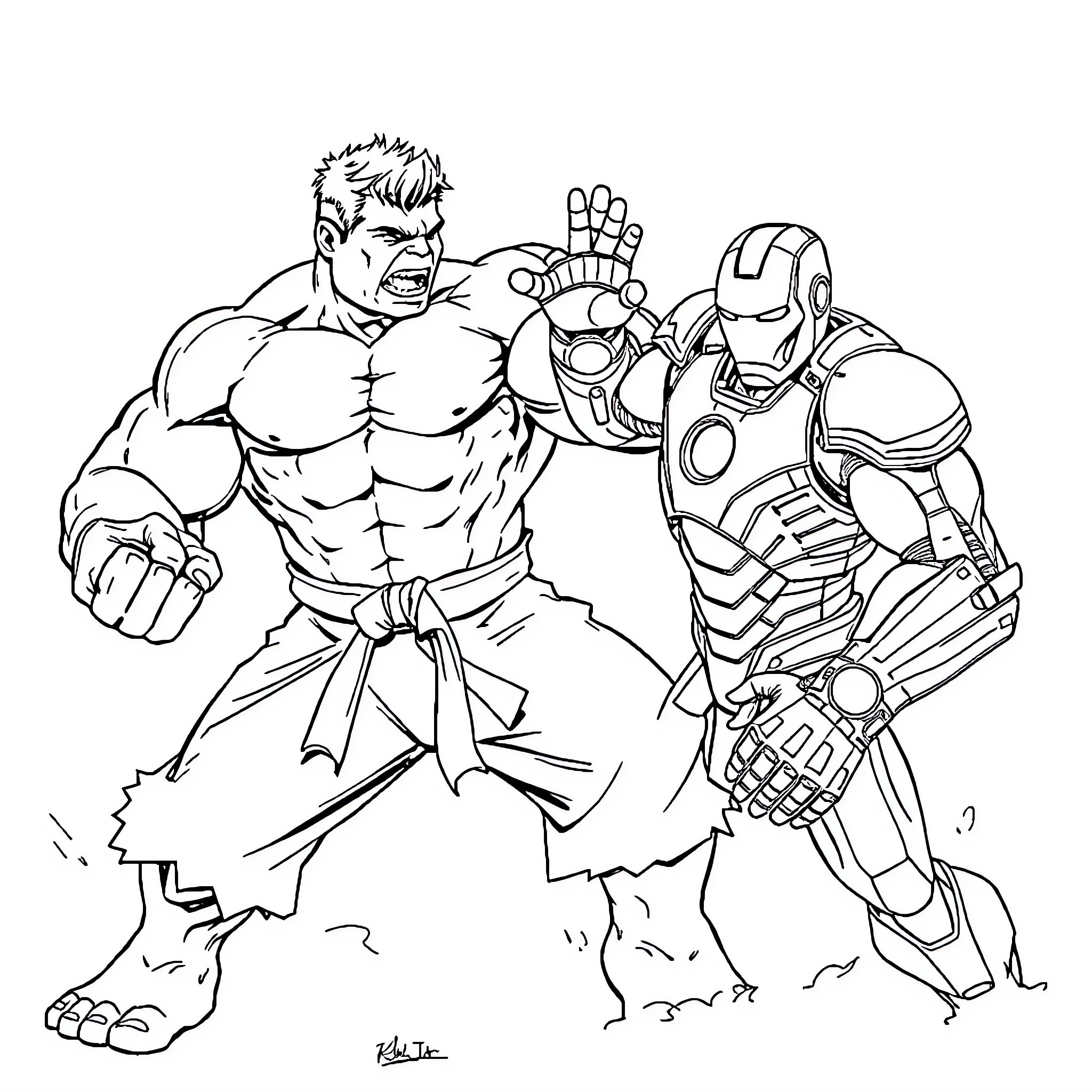 Hulk battling Iron Man in intense superhero showdown Coloring Page (free black-and-white line drawing printable PDF for all, from beginners to advanced learners, including children, teens, adults, and seniors)
