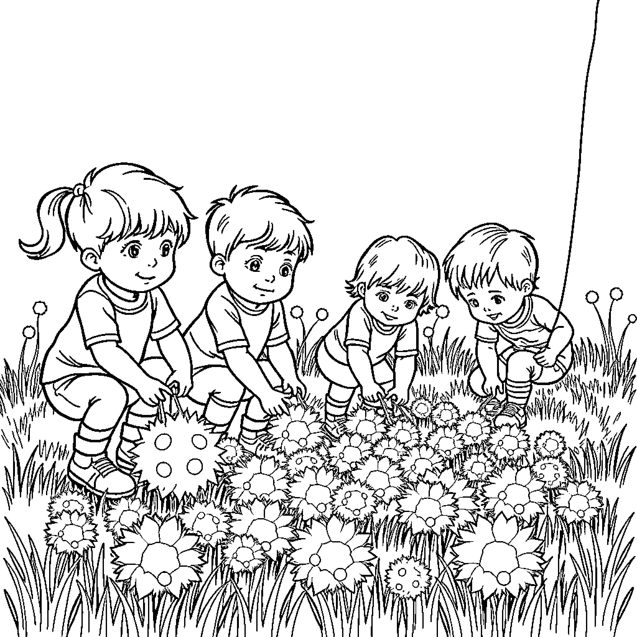 Kid friends playing in a field of flowers Coloring Page (free black-and-white line drawing printable PDF for all, from beginners to advanced learners, including children, teens, adults, and seniors)