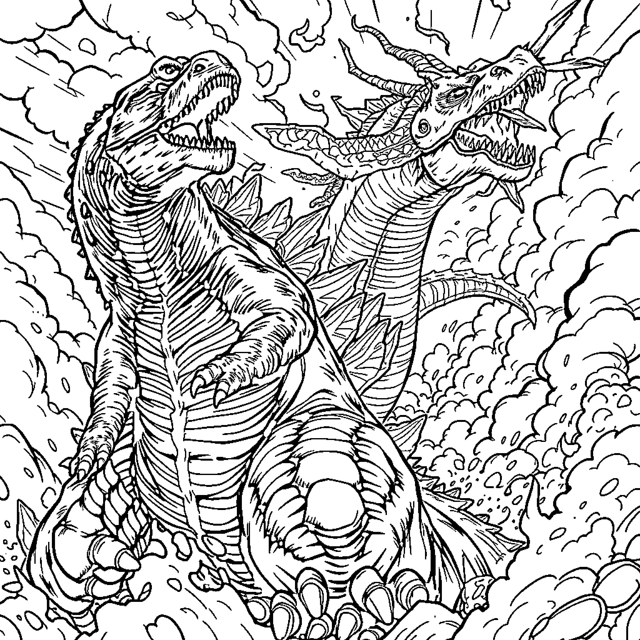 Godzilla's Fierce Battle in the Clouds Coloring Page (free black-and-white line drawing printable PDF for all, from beginners to advanced learners, including children, teens, adults, and seniors)