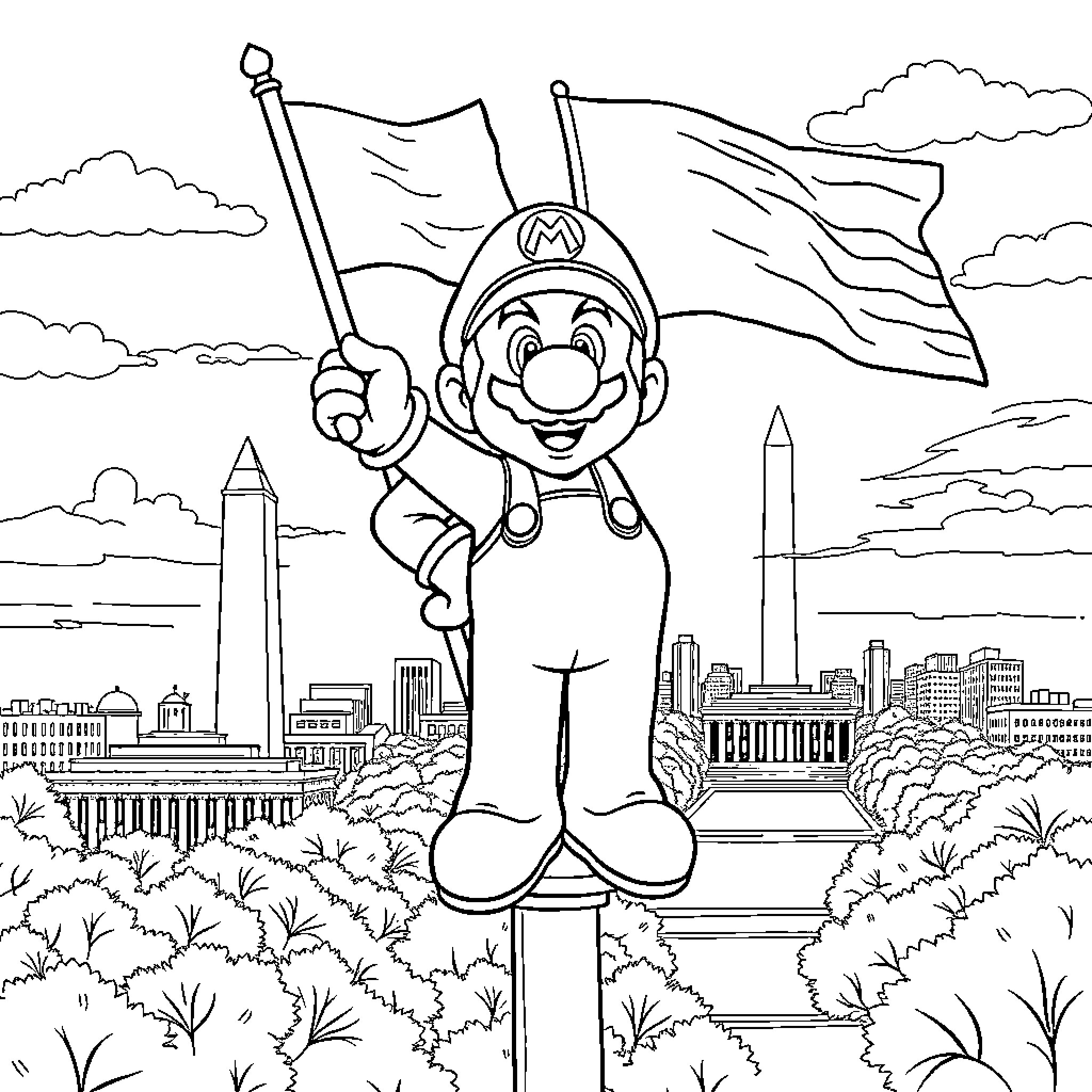 Super Mario waving a flag in a cityscape landscape Coloring Page (free black-and-white line drawing printable PDF for all, from beginners to advanced learners, including children, teens, adults, and seniors)