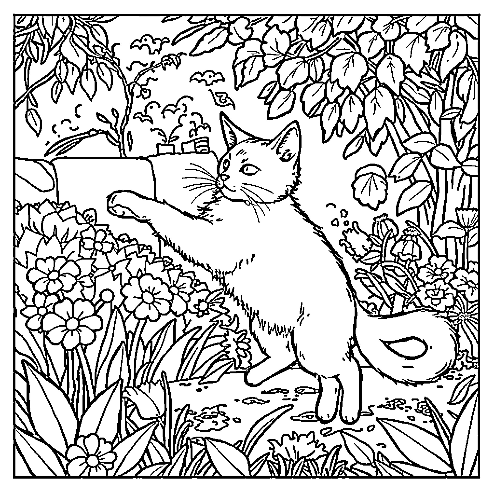 Cat in the Floral Garden Coloring Page (free black-and-white line drawing printable PDF for all, from beginners to advanced learners, including children, teens, adults, and seniors)