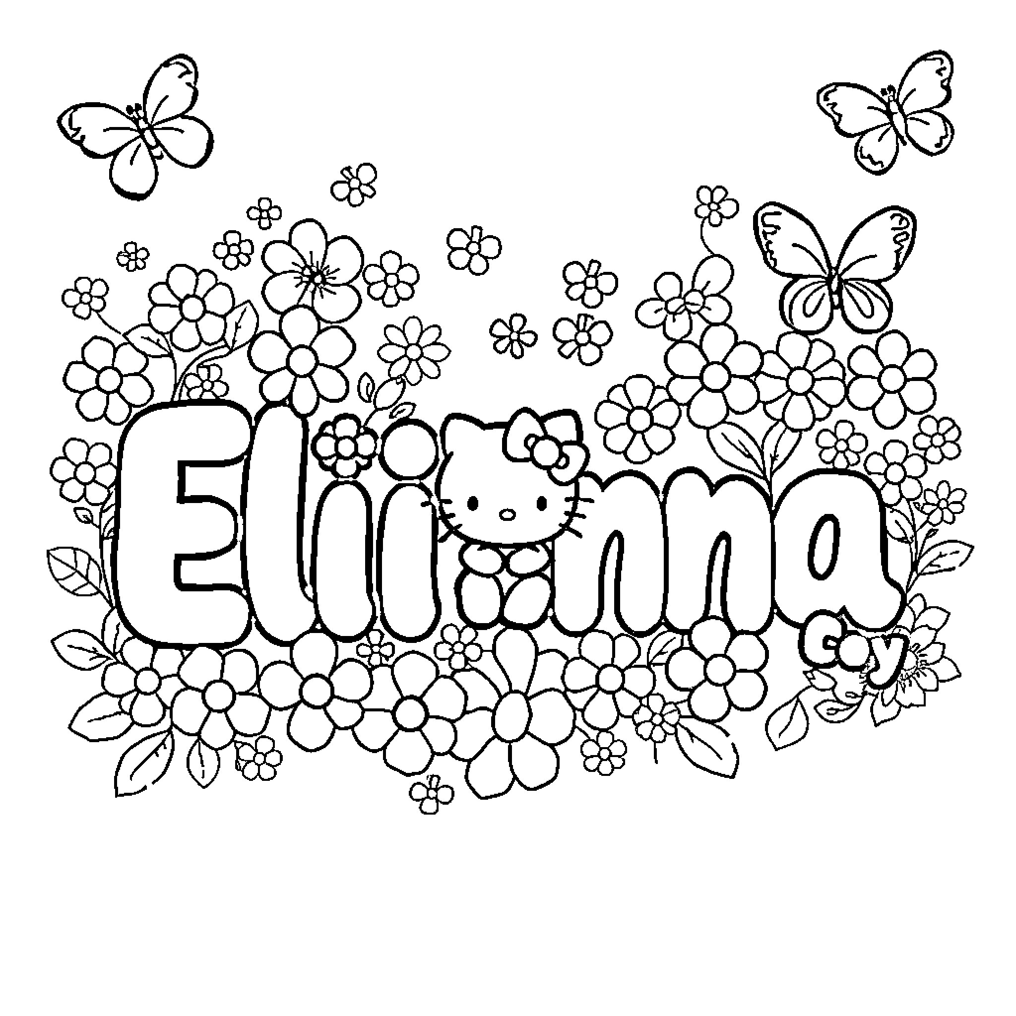 Eliana's Floral and Butterfly Coloring Page Coloring Page (free black-and-white line drawing printable PDF for all, from beginners to advanced learners, including children, teens, adults, and seniors)