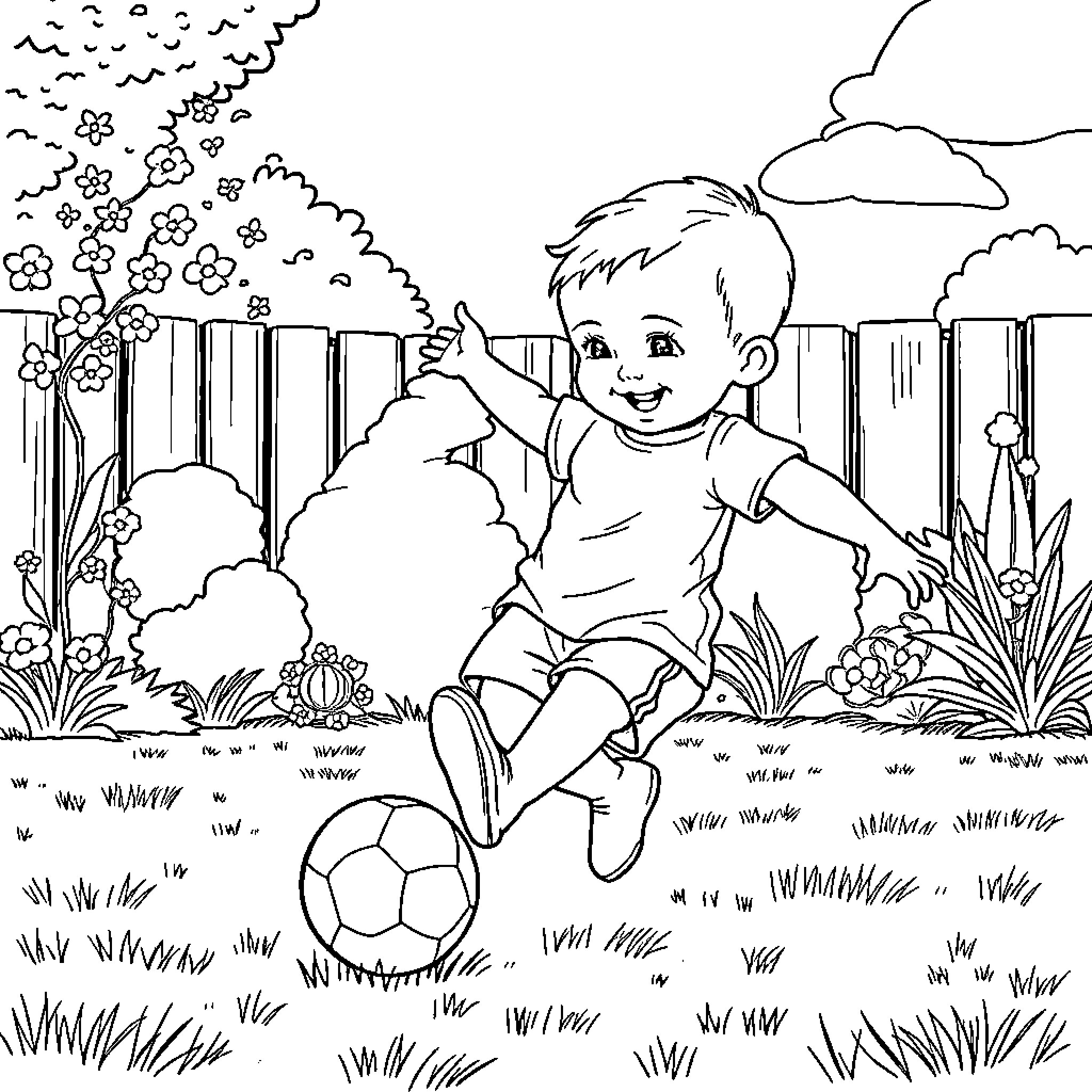 Baby playing joyfully with soccer ball in the garden Coloring Page (free black-and-white line drawing printable PDF for all, from beginners to advanced learners, including children, teens, adults, and seniors)