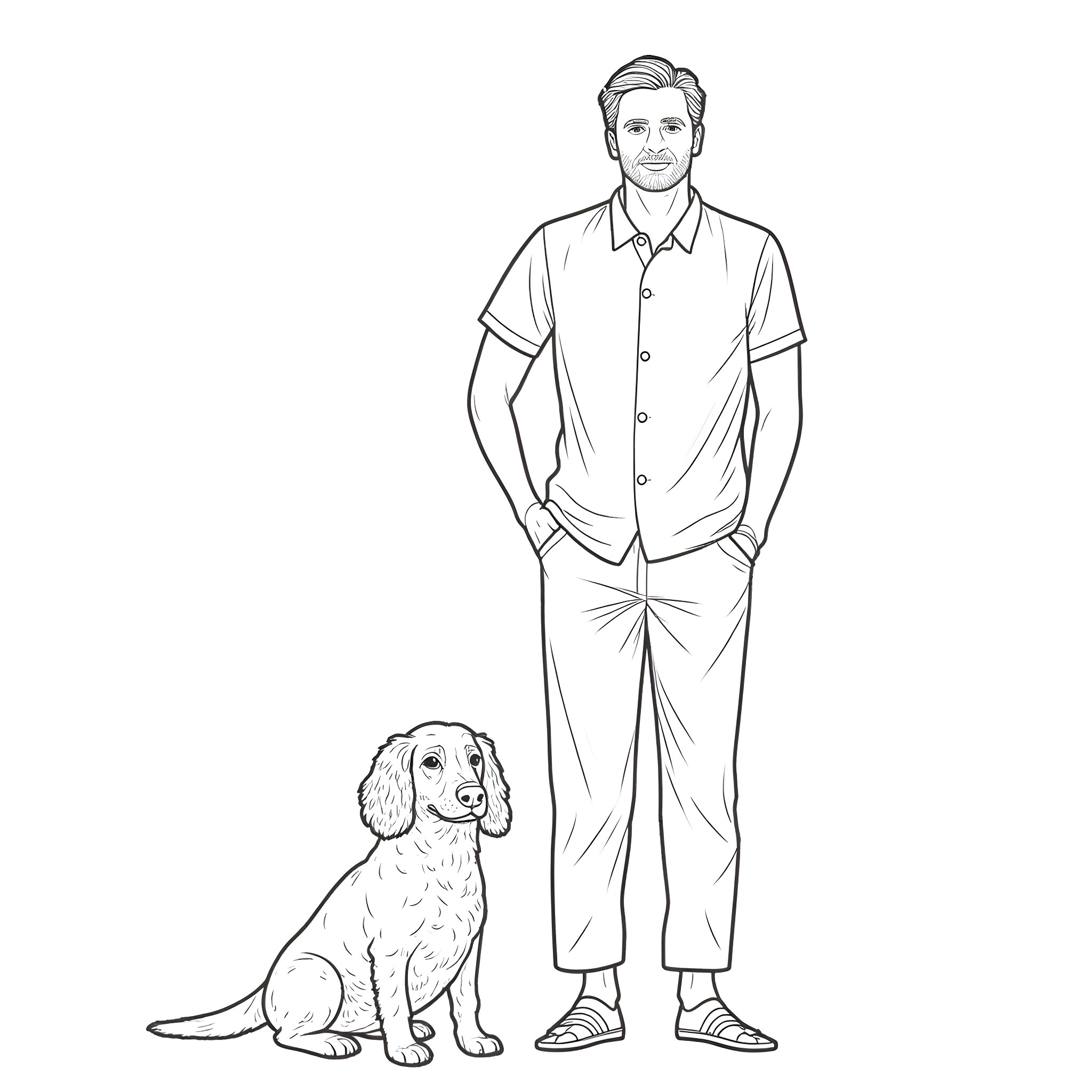 Hurley and his canine companion Coloring Page (free black-and-white line drawing printable PDF for all, from beginners to advanced learners, including children, teens, adults, and seniors)