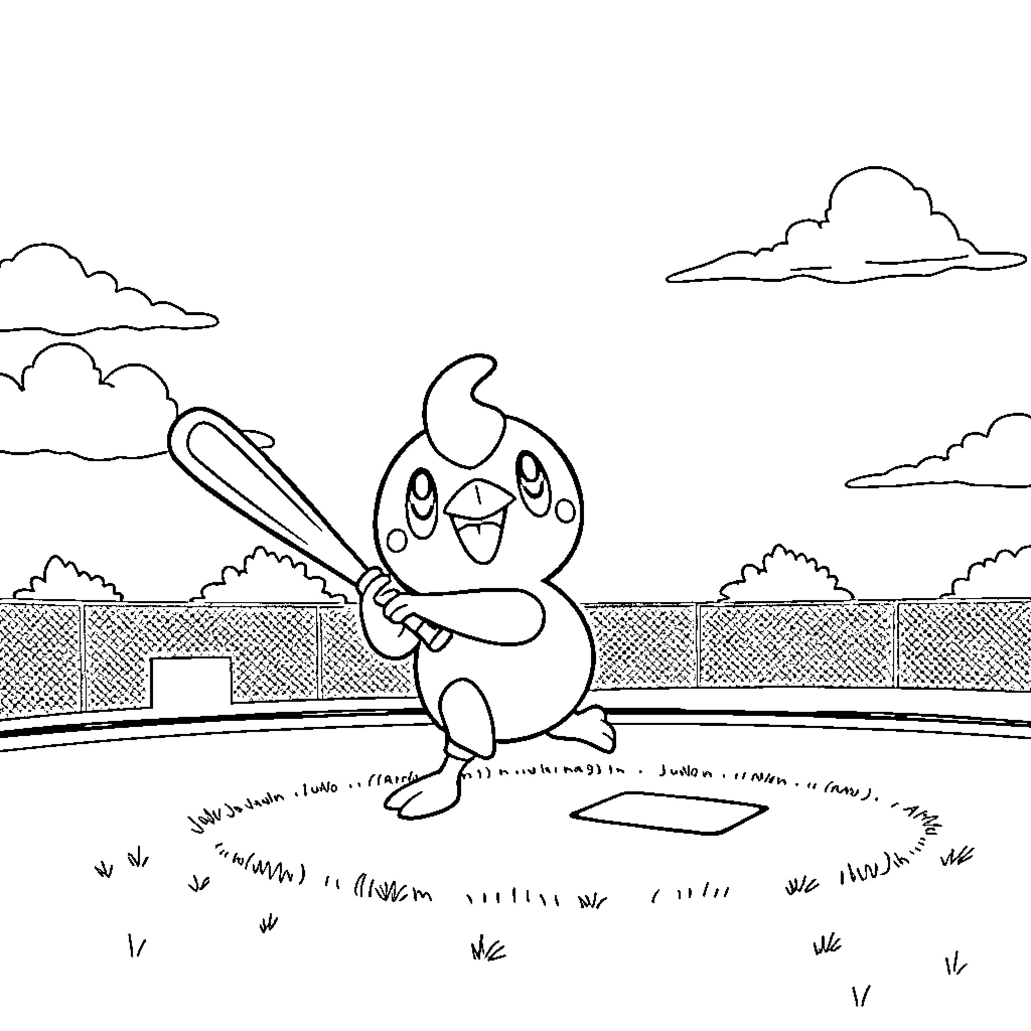 Piplup playing baseball on the field Coloring Page (free black-and-white line drawing printable PDF for all, from beginners to advanced learners, including children, teens, adults, and seniors)