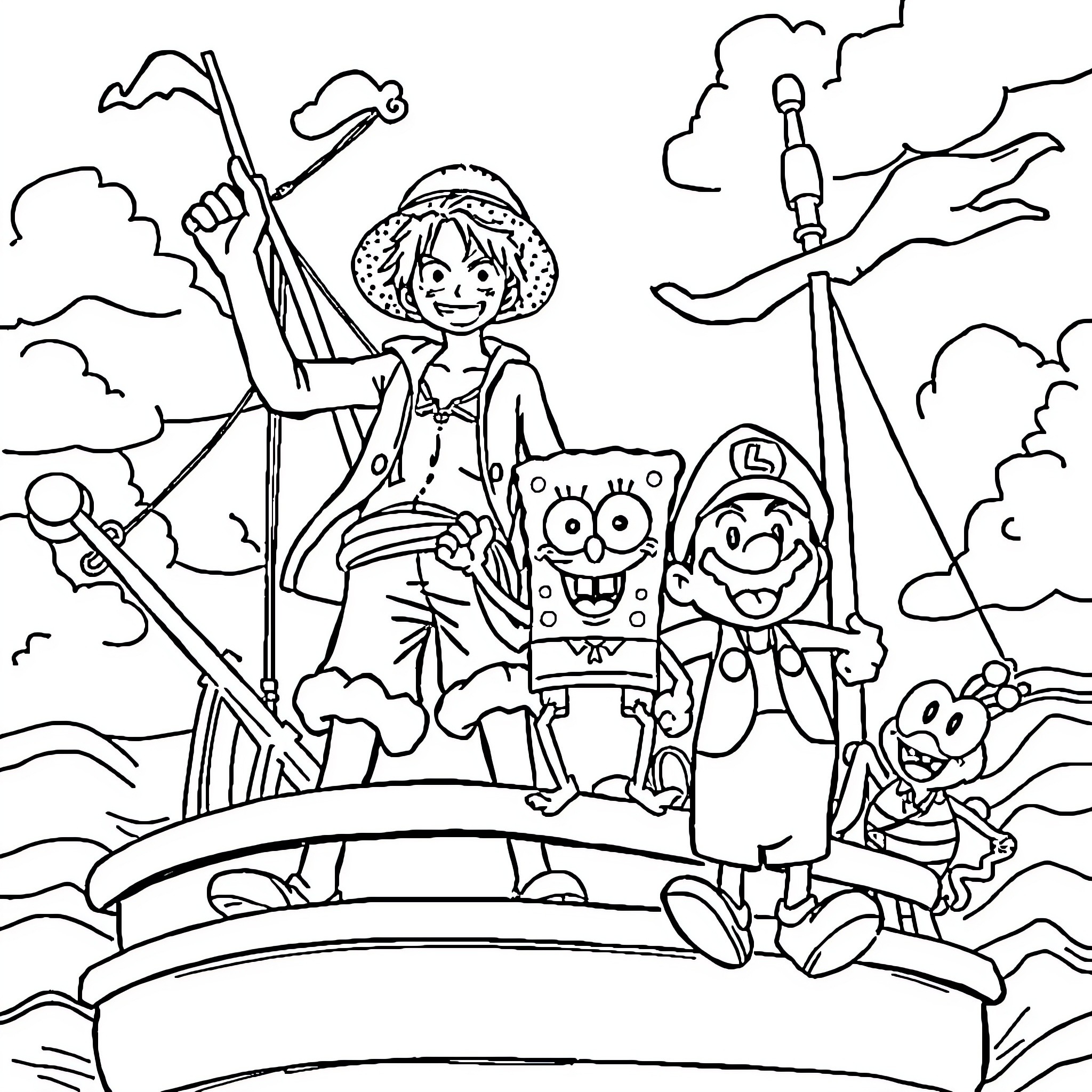 Luffy's Exciting Adventure with Friends in the Clouds Coloring Page (free black-and-white line drawing printable PDF for all, from beginners to advanced learners, including children, teens, adults, and seniors)