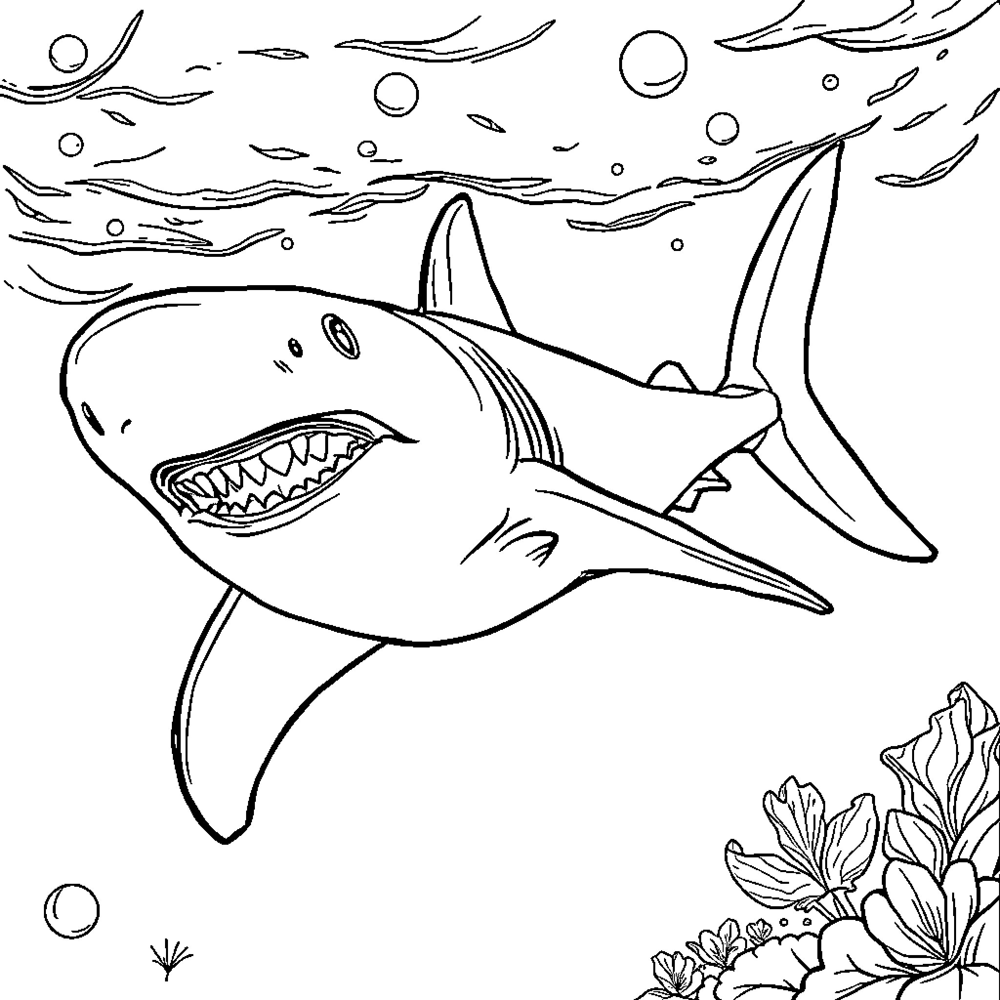 Shark swimming fiercely in the underwater scene Coloring Page (free black-and-white line drawing printable PDF for all, from beginners to advanced learners, including children, teens, adults, and seniors)