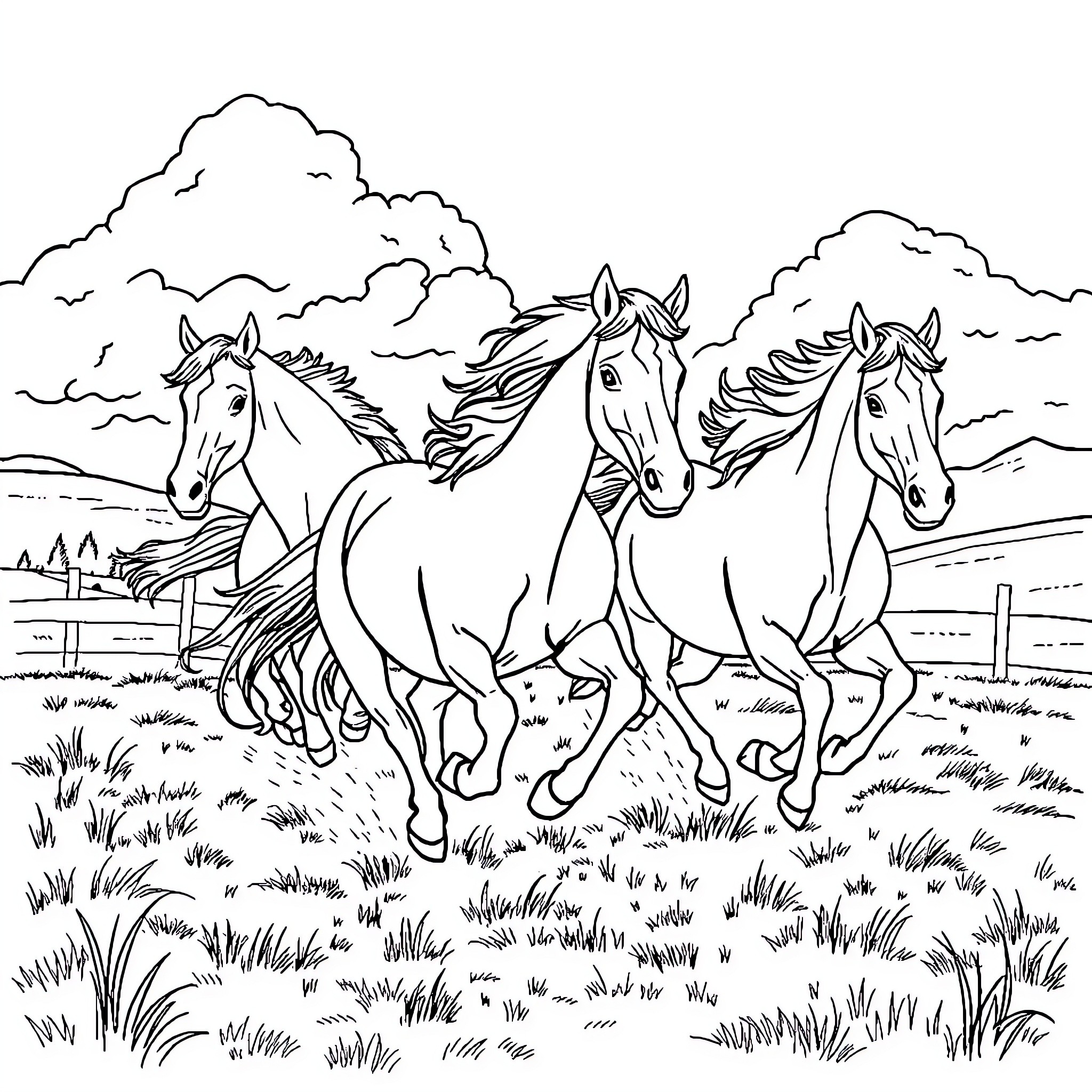 Horse Herd Running Freely in Grassy Field Coloring Page (free black-and-white line drawing printable PDF for all, from beginners to advanced learners, including children, teens, adults, and seniors)