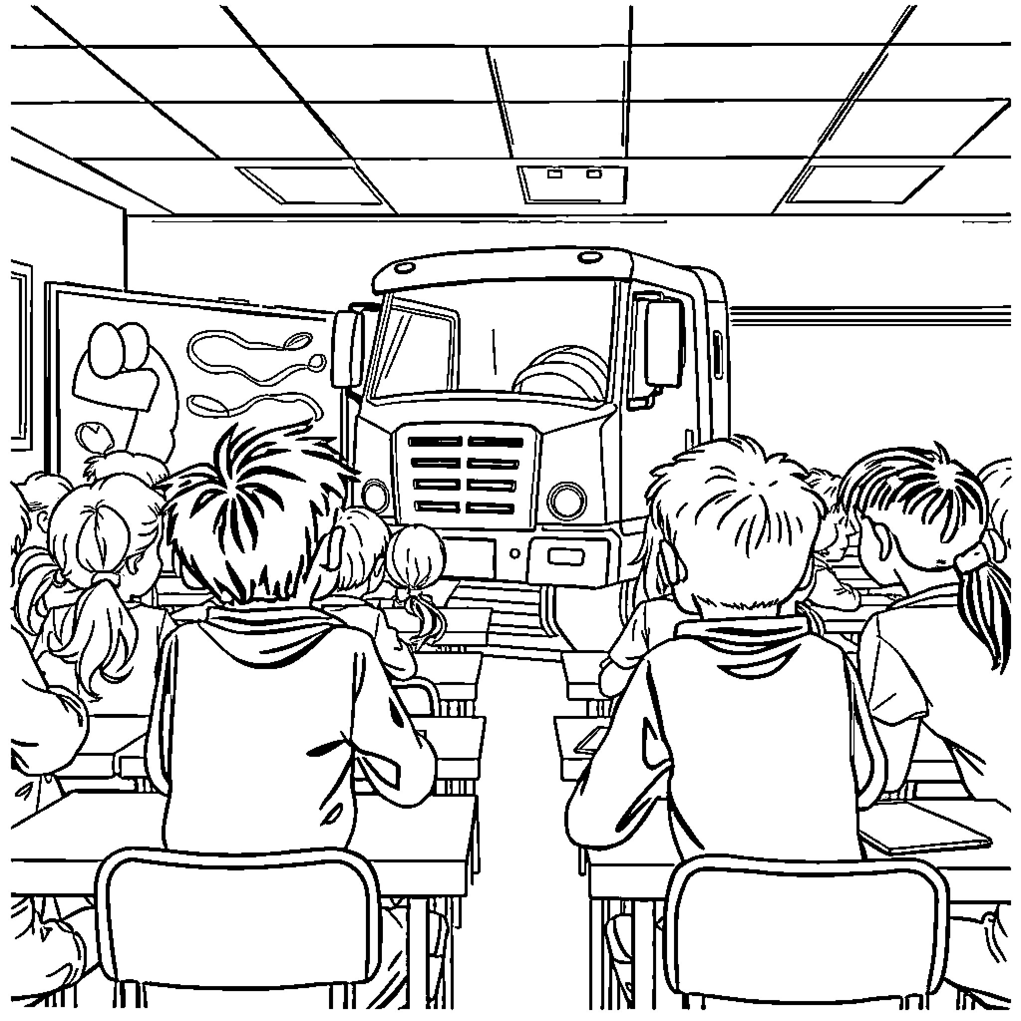 Truck carrying students in classroom setting Coloring Page (free black-and-white line drawing printable PDF for all, from beginners to advanced learners, including children, teens, adults, and seniors)