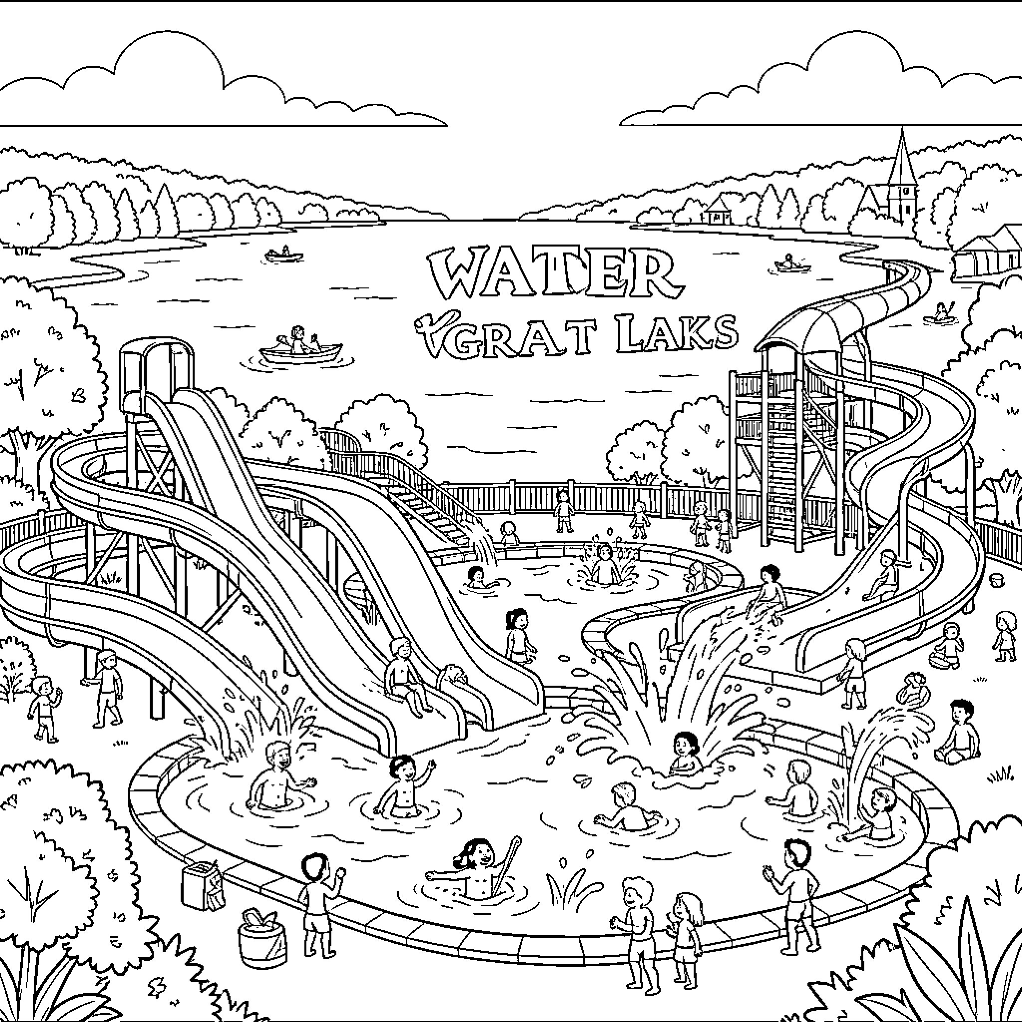 Lake Waterslide Park Adventure Coloring Page (free black-and-white line drawing printable PDF for all, from beginners to advanced learners, including children, teens, adults, and seniors)