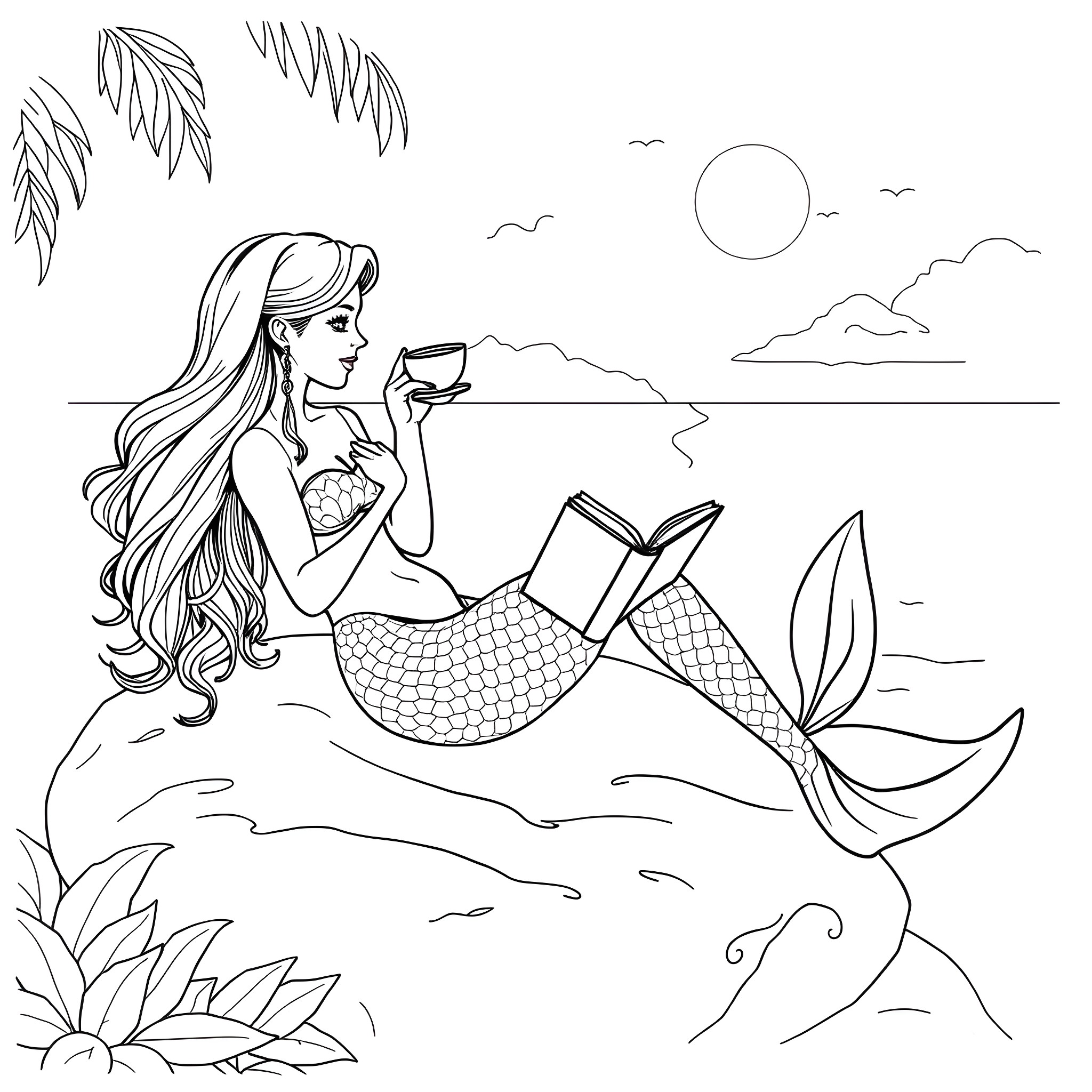 Mermaid Reading a Book on the Beach Coloring Page (free black-and-white line drawing printable PDF for all, from beginners to advanced learners, including children, teens, adults, and seniors)