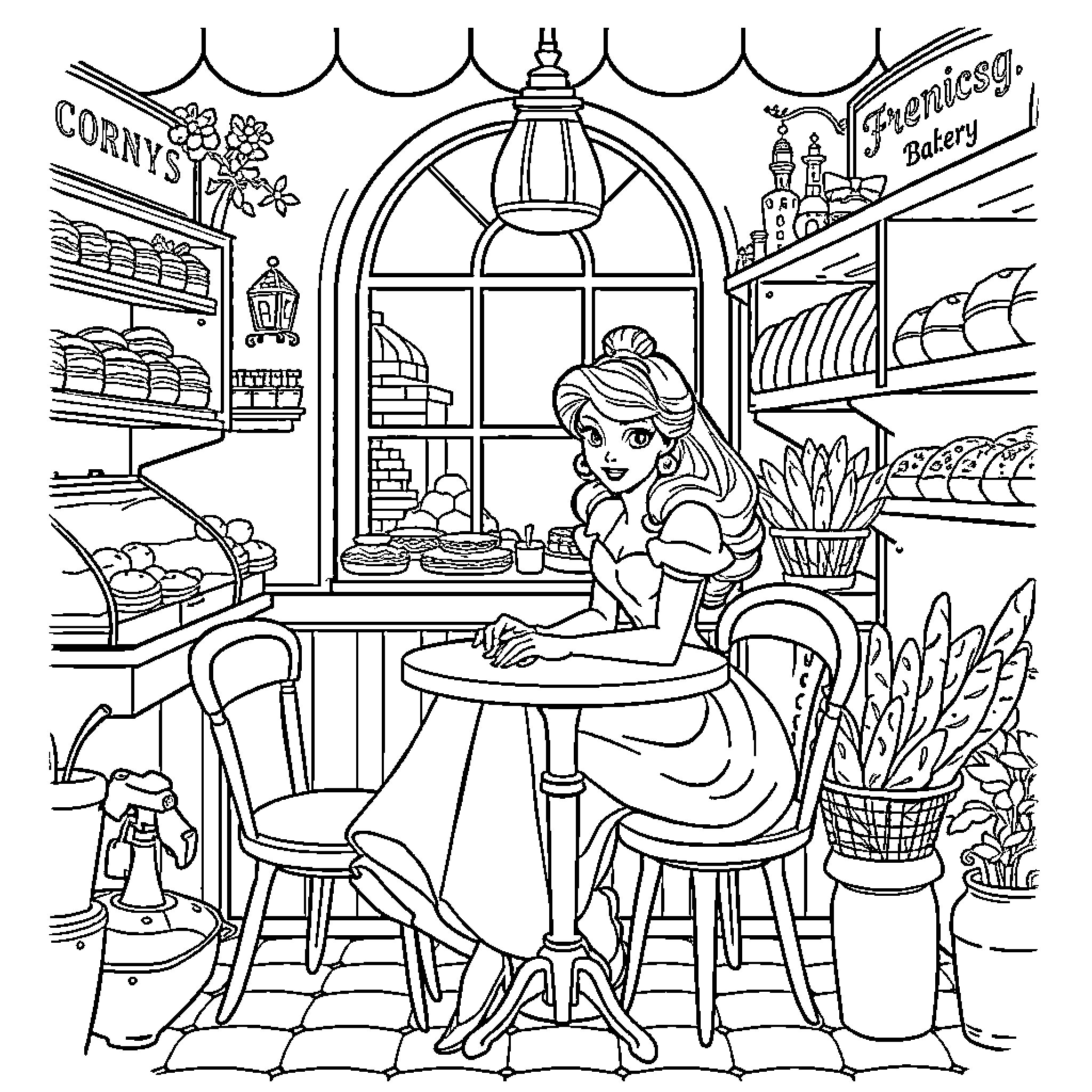 Princess Enjoying a Cozy Bakery Scene Coloring Page (free black-and-white line drawing printable PDF for all, from beginners to advanced learners, including children, teens, adults, and seniors)