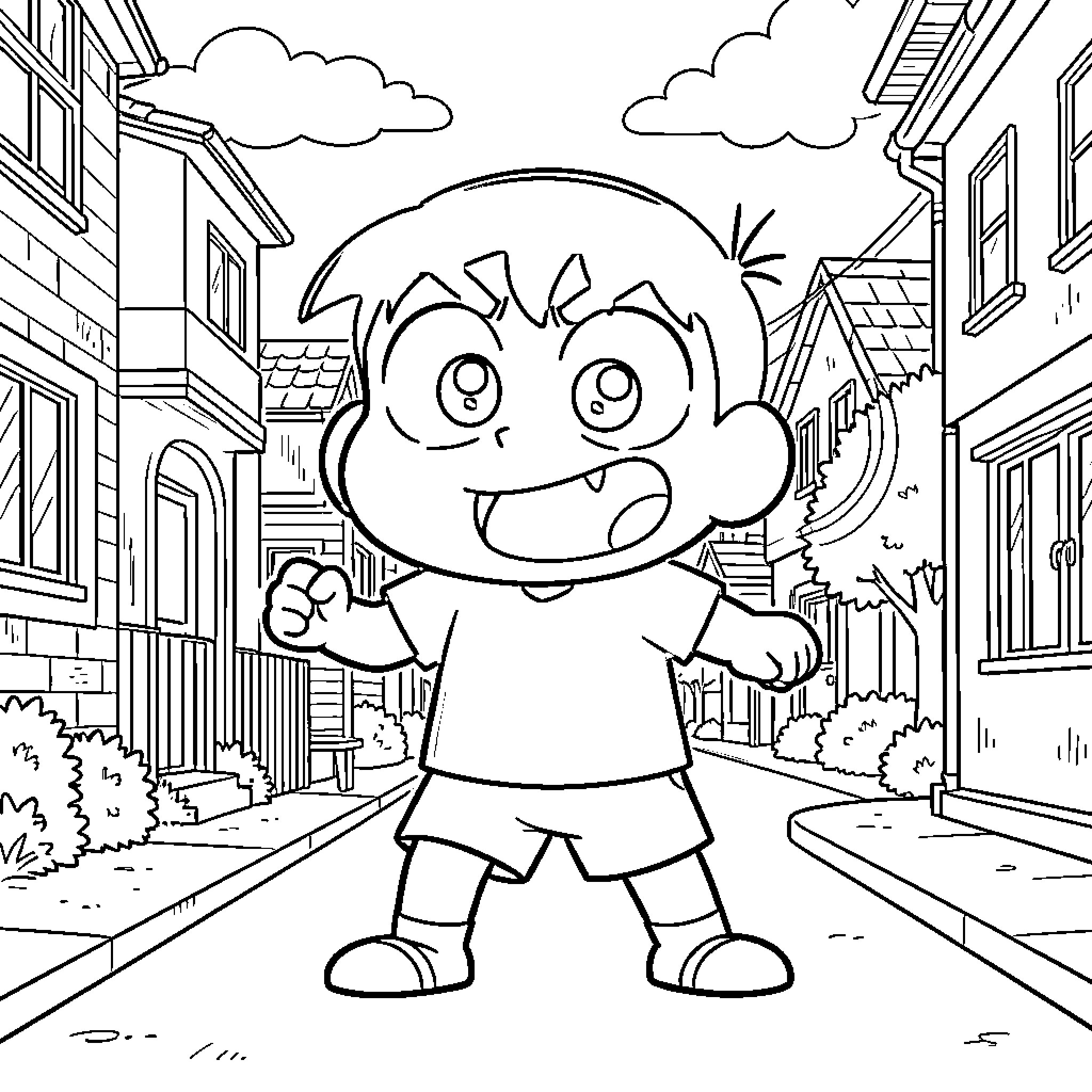 Shin Chan exploring the neighborhood Coloring Page (free black-and-white line drawing printable PDF for all, from beginners to advanced learners, including children, teens, adults, and seniors)