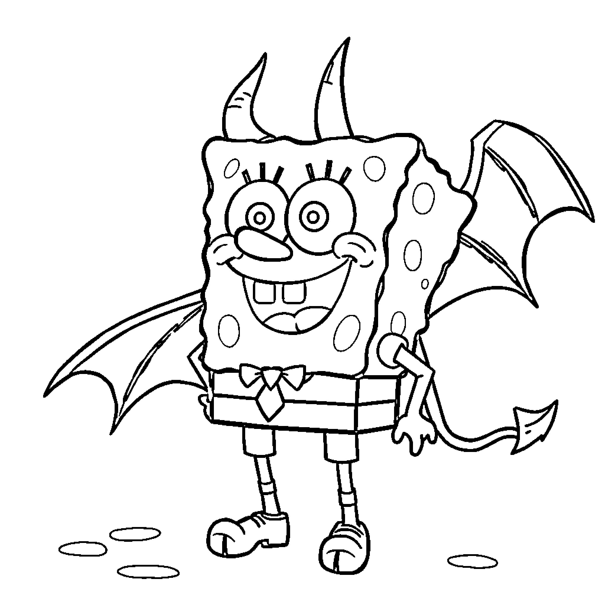 Spongebob dressed as a monster with wings Coloring Page (free black-and-white line drawing printable PDF for all, from beginners to advanced learners, including children, teens, adults, and seniors)