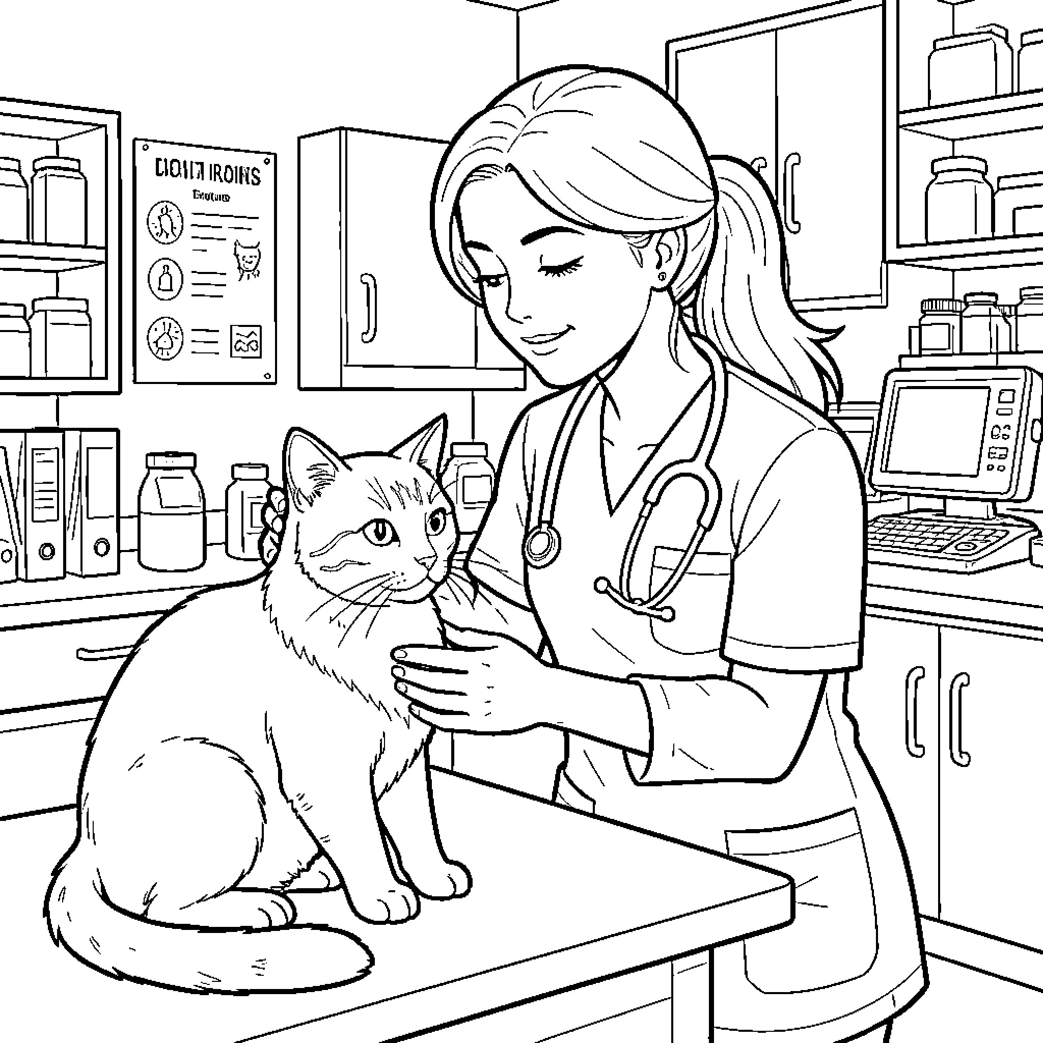 Vet gently examining a cat in a clinic Coloring Page (free black-and-white line drawing printable PDF for all, from beginners to advanced learners, including children, teens, adults, and seniors)