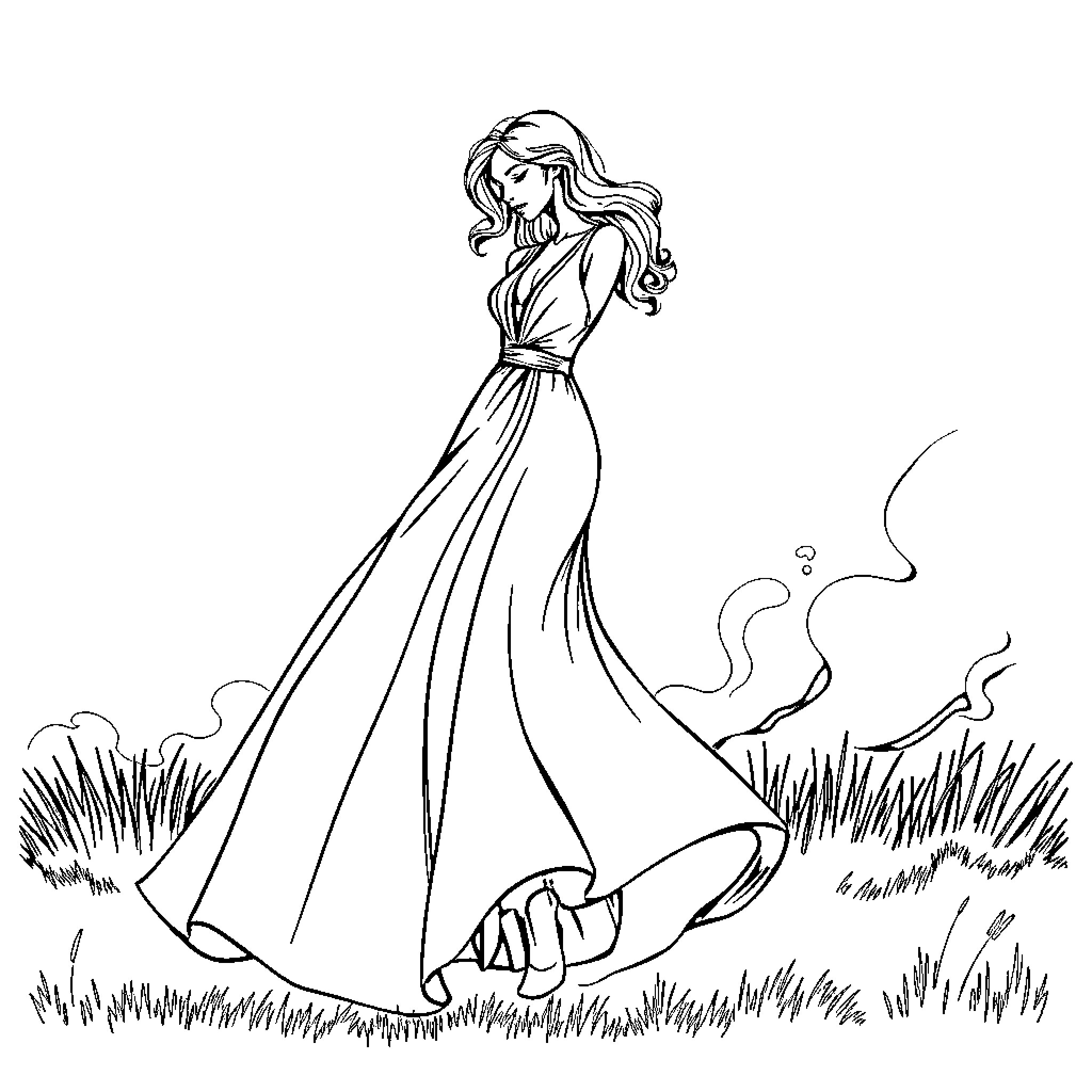 Dress in the Meadow: A Graceful Figure Amid Nature Coloring Page (free black-and-white line drawing printable PDF for all, from beginners to advanced learners, including children, teens, adults, and seniors)