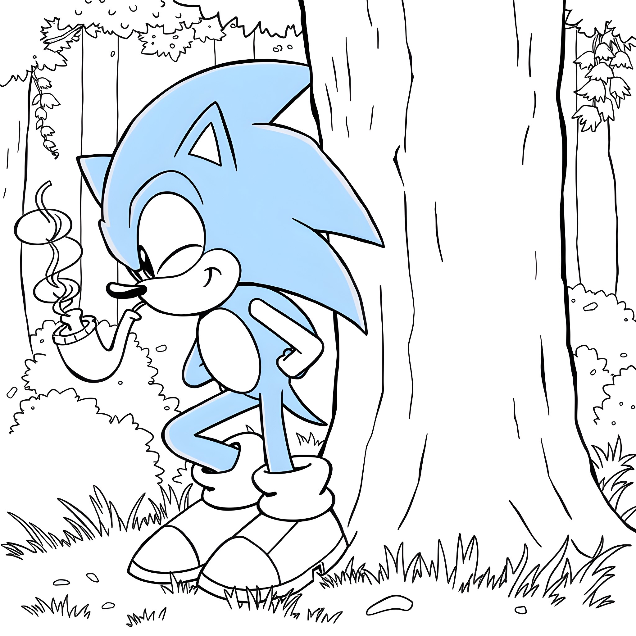 Sonic exploring the mysterious forest Coloring Page (free black-and-white line drawing printable PDF for all, from beginners to advanced learners, including children, teens, adults, and seniors)
