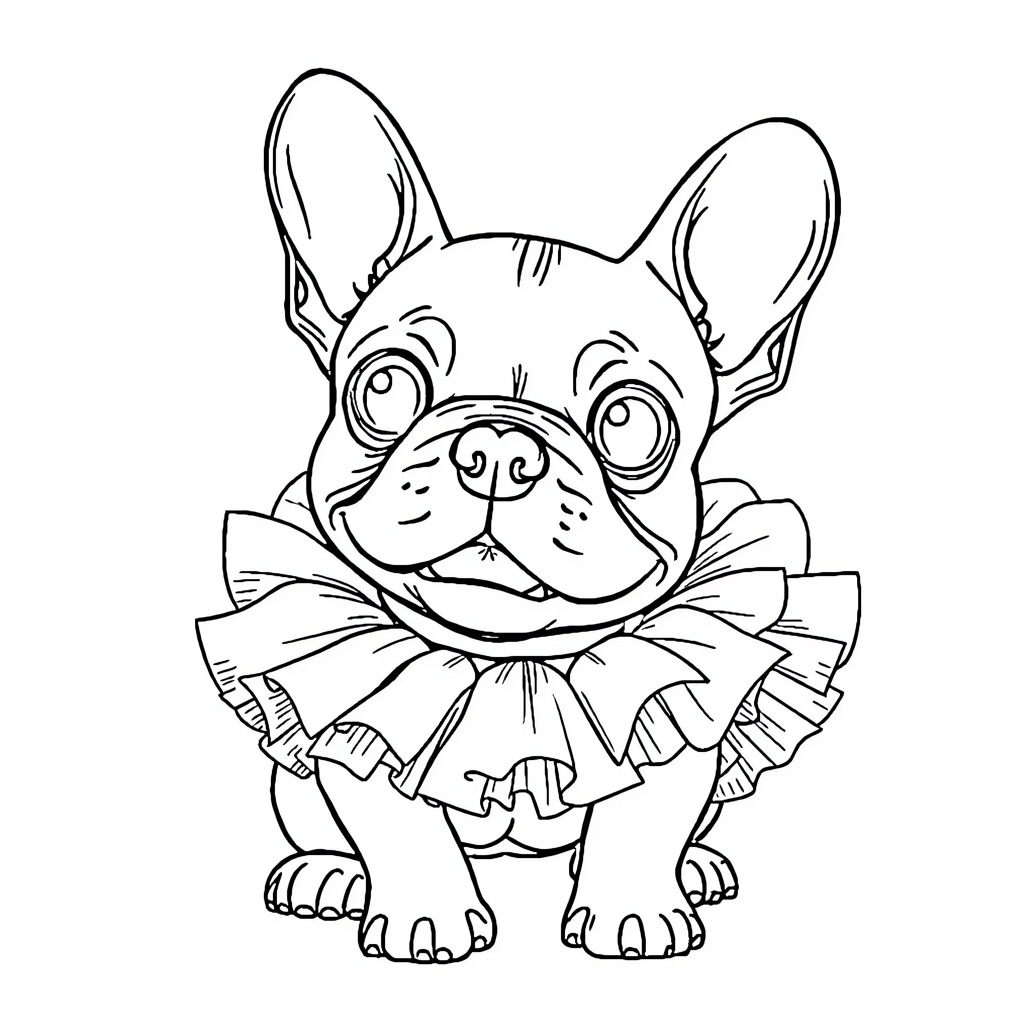 French Bulldog wearing a bow tie and looking cheerful Coloring Page (free black-and-white line drawing printable PDF for all, from beginners to advanced learners, including children, teens, adults, and seniors)