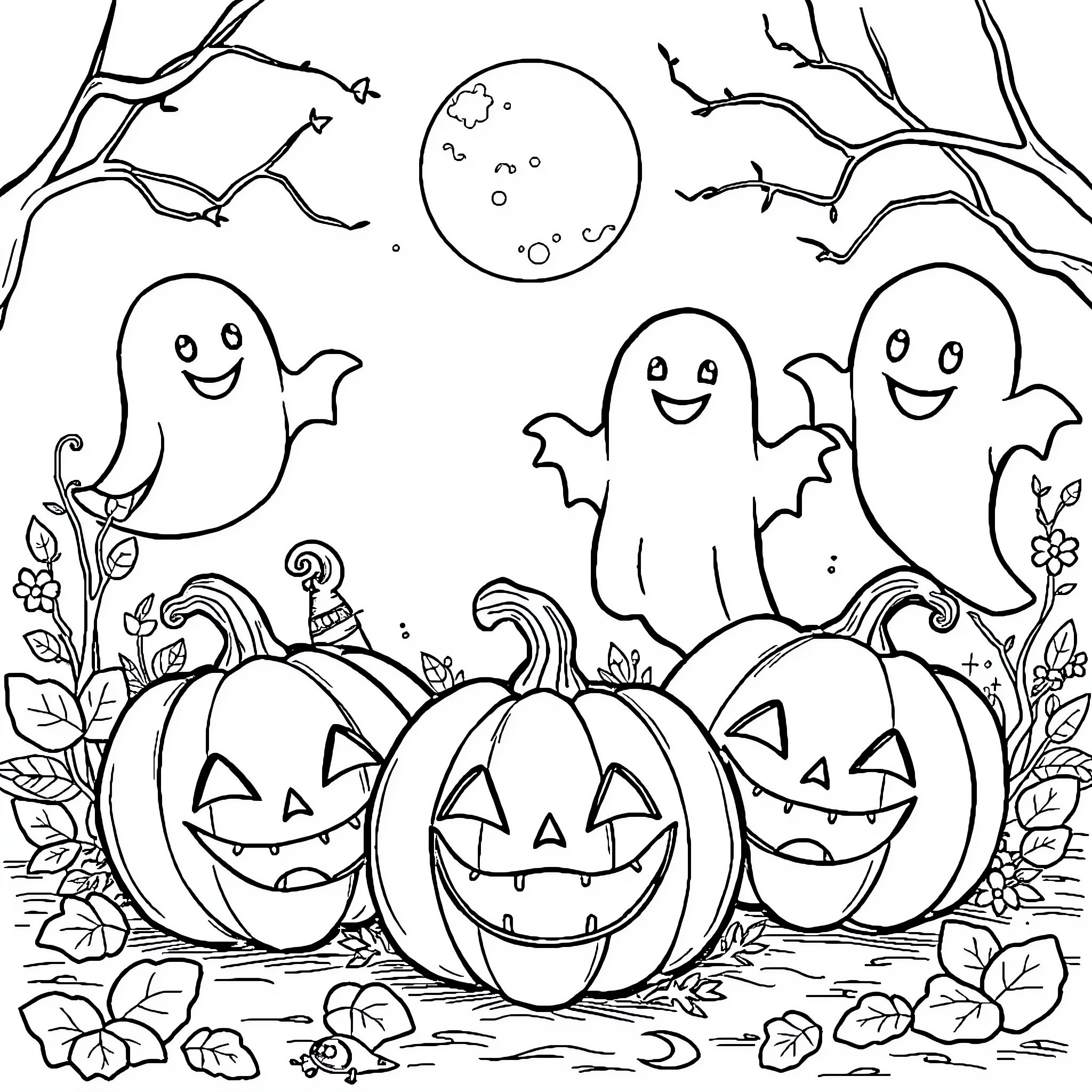 Halloween fun with friendly ghosts and jack-o'-lanterns Coloring Page (free black-and-white line drawing printable PDF for all, from beginners to advanced learners, including children, teens, adults, and seniors)