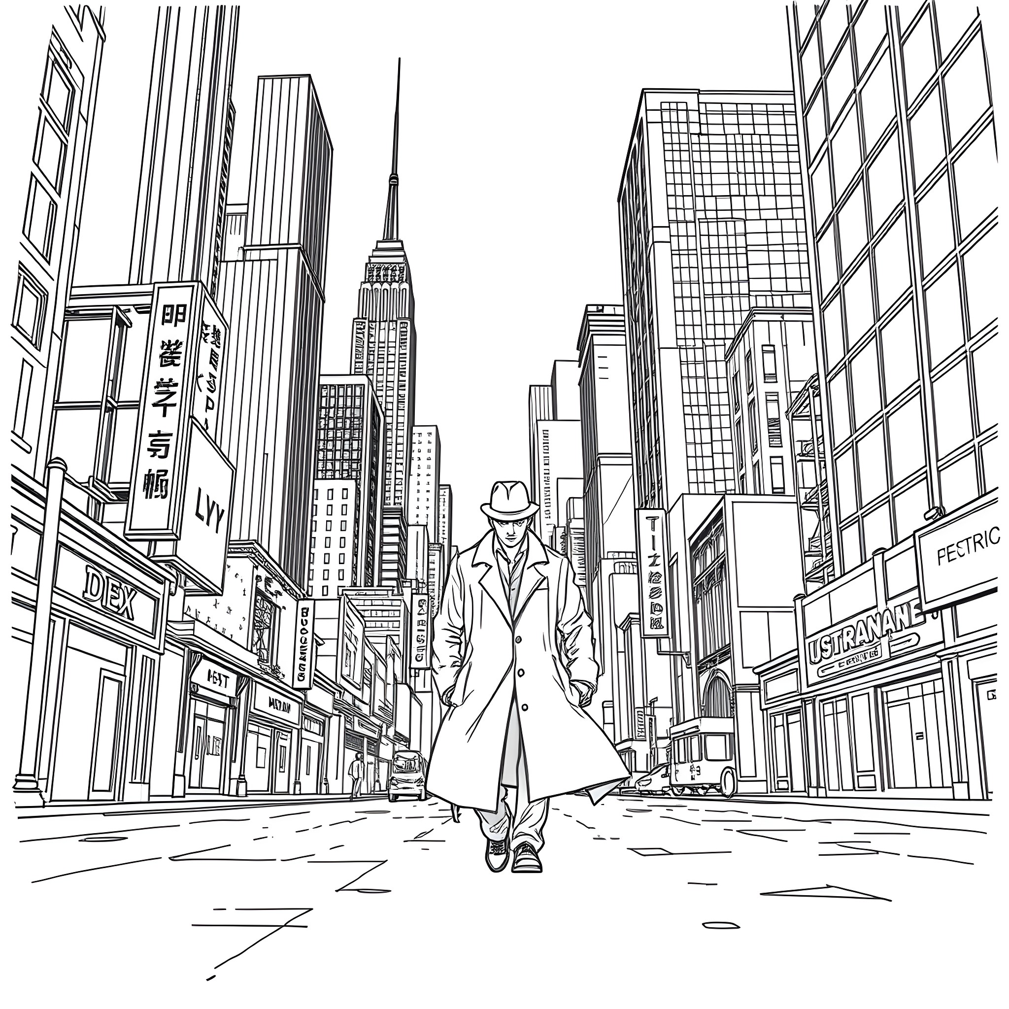 Detective exploring the bustling city streets Coloring Page (free black-and-white line drawing printable PDF for all, from beginners to advanced learners, including children, teens, adults, and seniors)