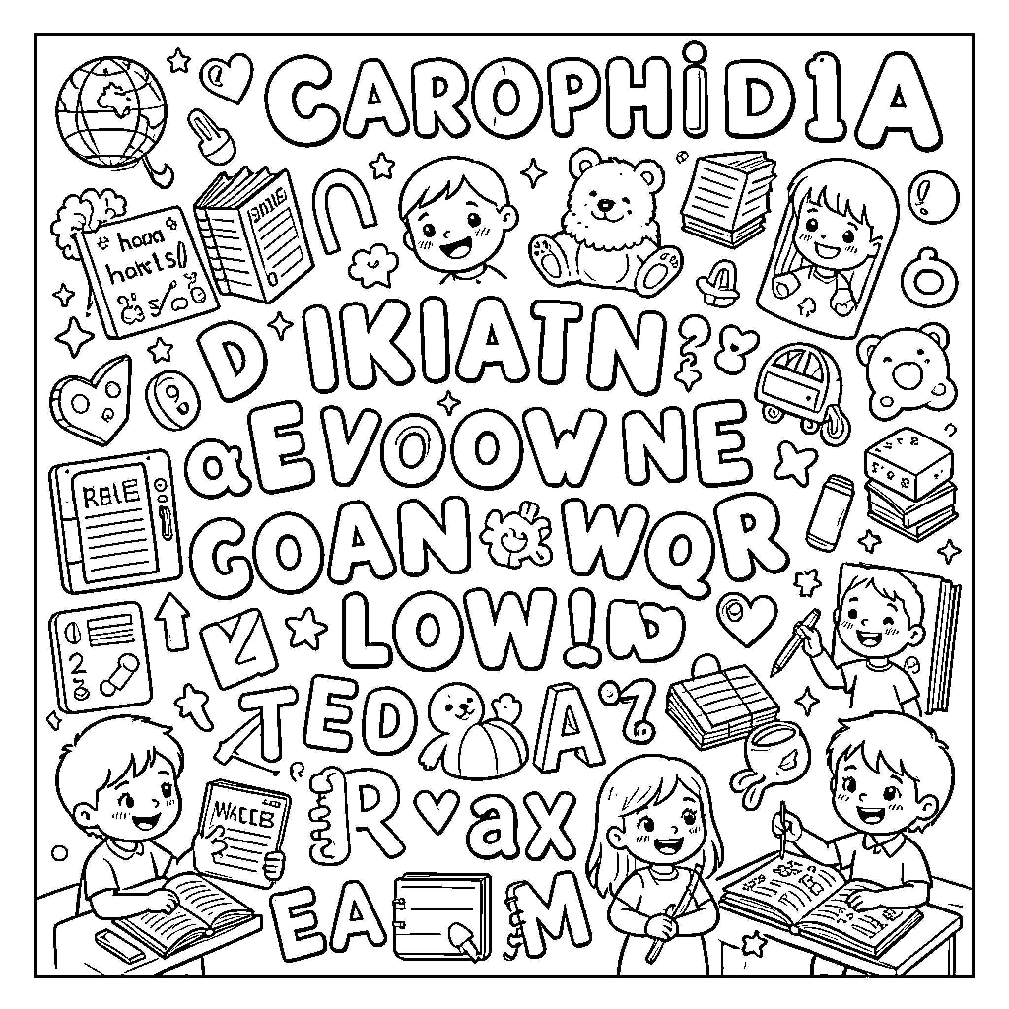 Logopedia: Fun and Playful Educational Scene Coloring Page (free black-and-white line drawing printable PDF for all, from beginners to advanced learners, including children, teens, adults, and seniors)