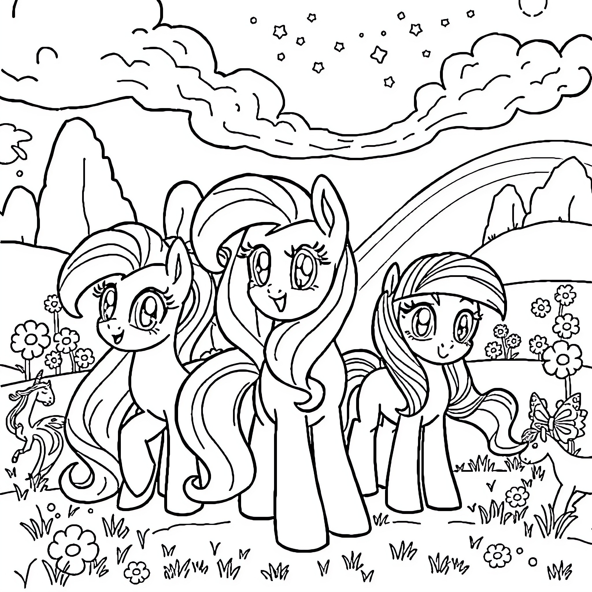 Pony friends enjoying a sunny day outdoors Coloring Page (free black-and-white line drawing printable PDF for all, from beginners to advanced learners, including children, teens, adults, and seniors)