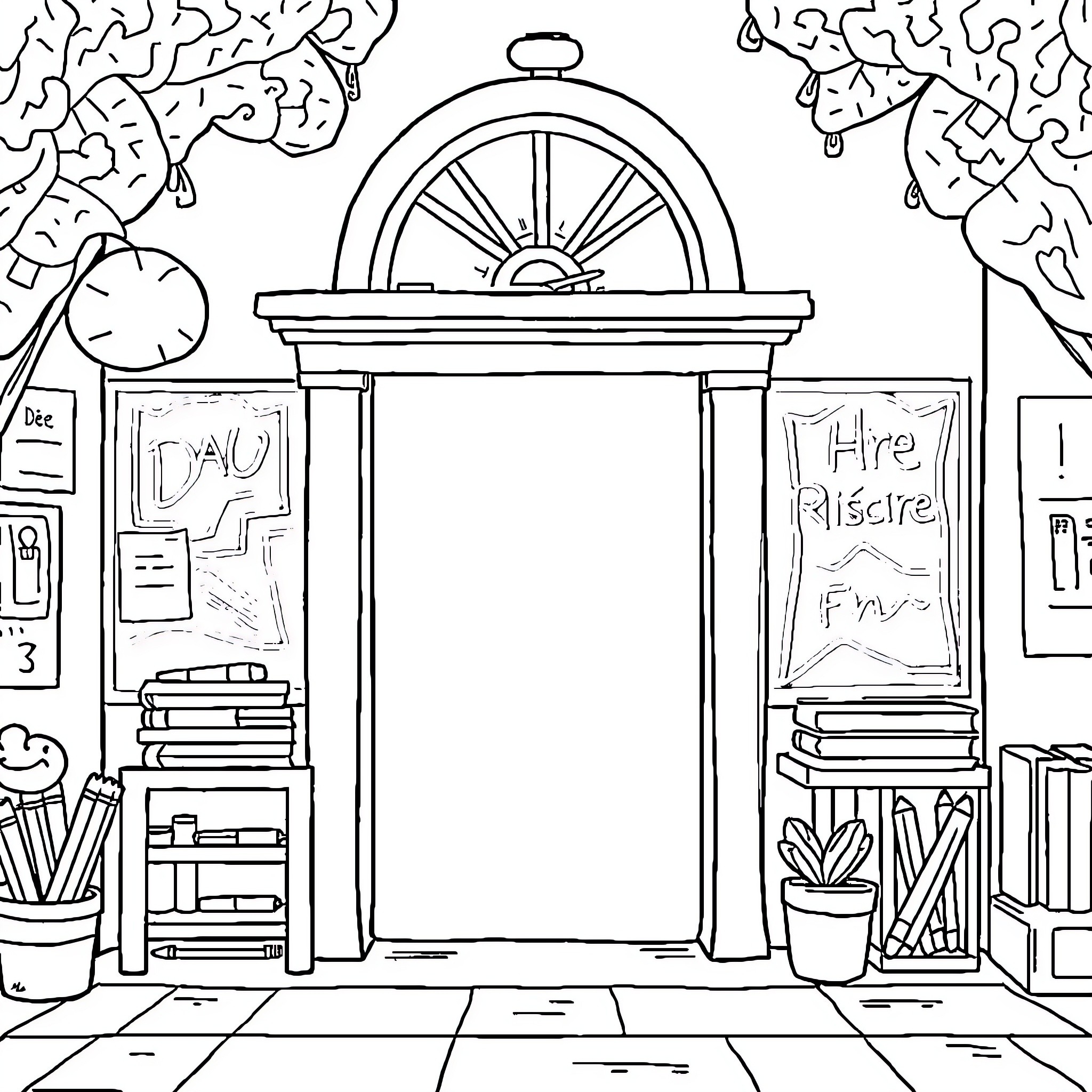 School Library Entrance with Books and Decor Coloring Page (free black-and-white line drawing printable PDF for all, from beginners to advanced learners, including children, teens, adults, and seniors)