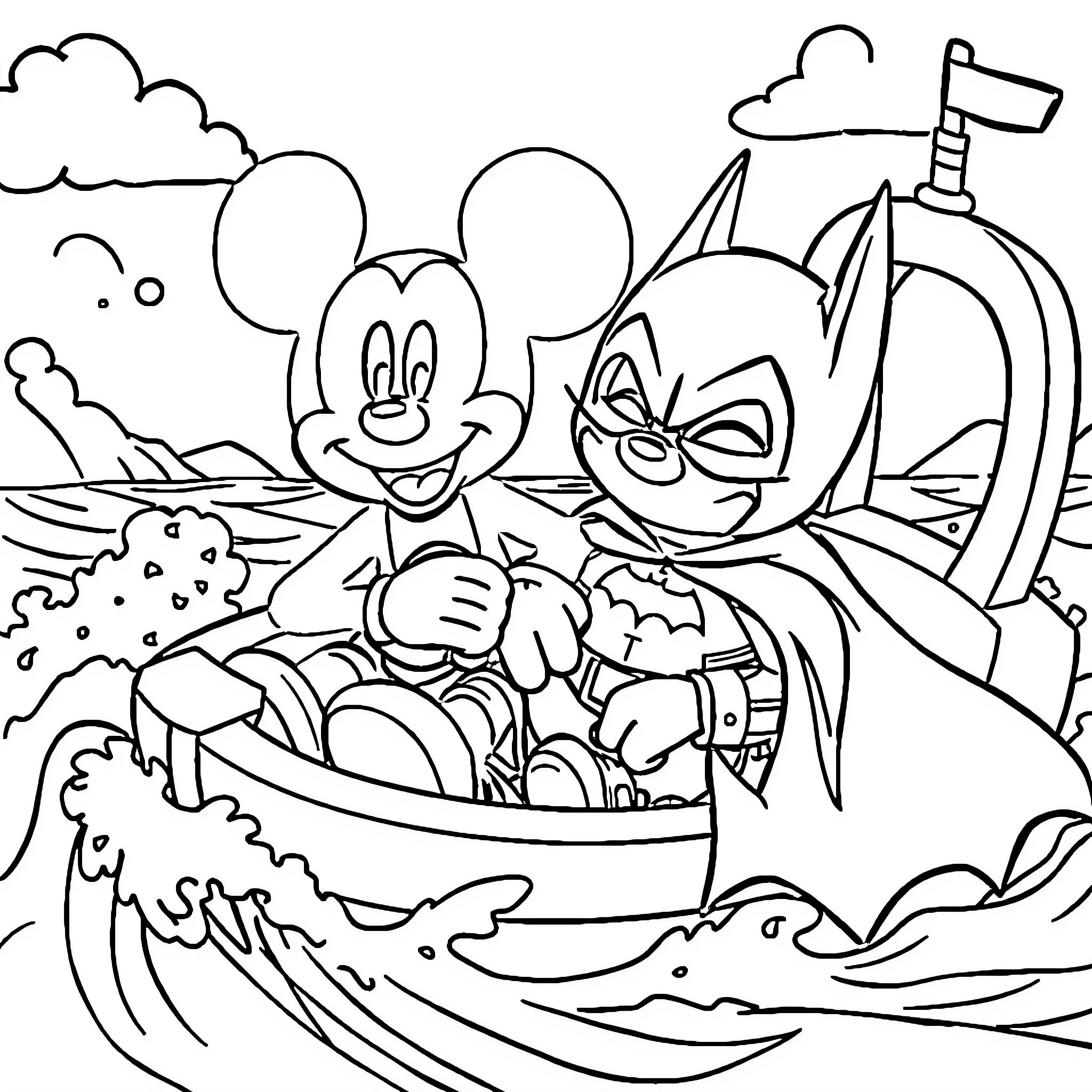 Mickey and Sidekick Sailing on a Boat Coloring Page (free black-and-white line drawing printable PDF for all, from beginners to advanced learners, including children, teens, adults, and seniors)