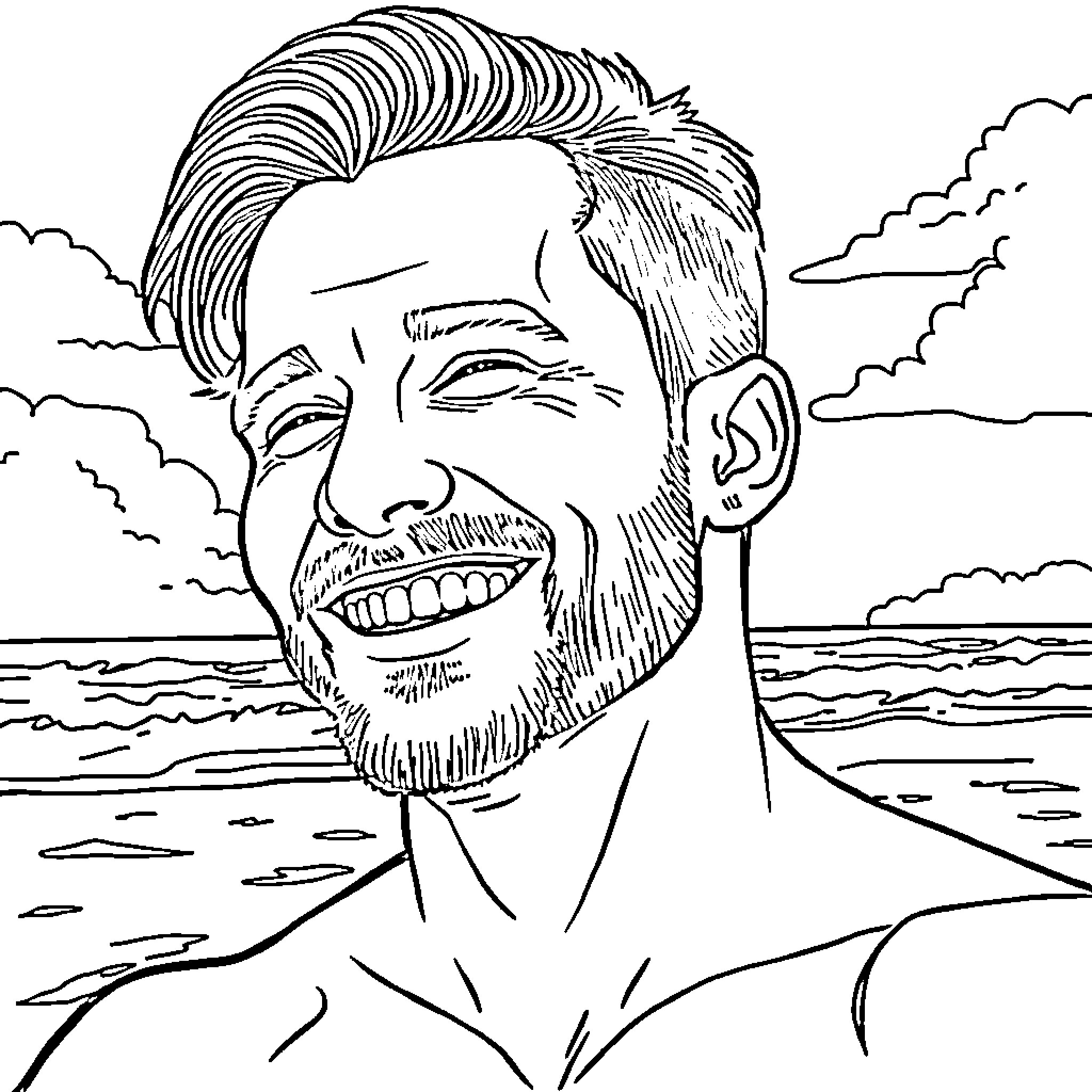 Guy enjoying the ocean view with a smile Coloring Page (free black-and-white line drawing printable PDF for all, from beginners to advanced learners, including children, teens, adults, and seniors)