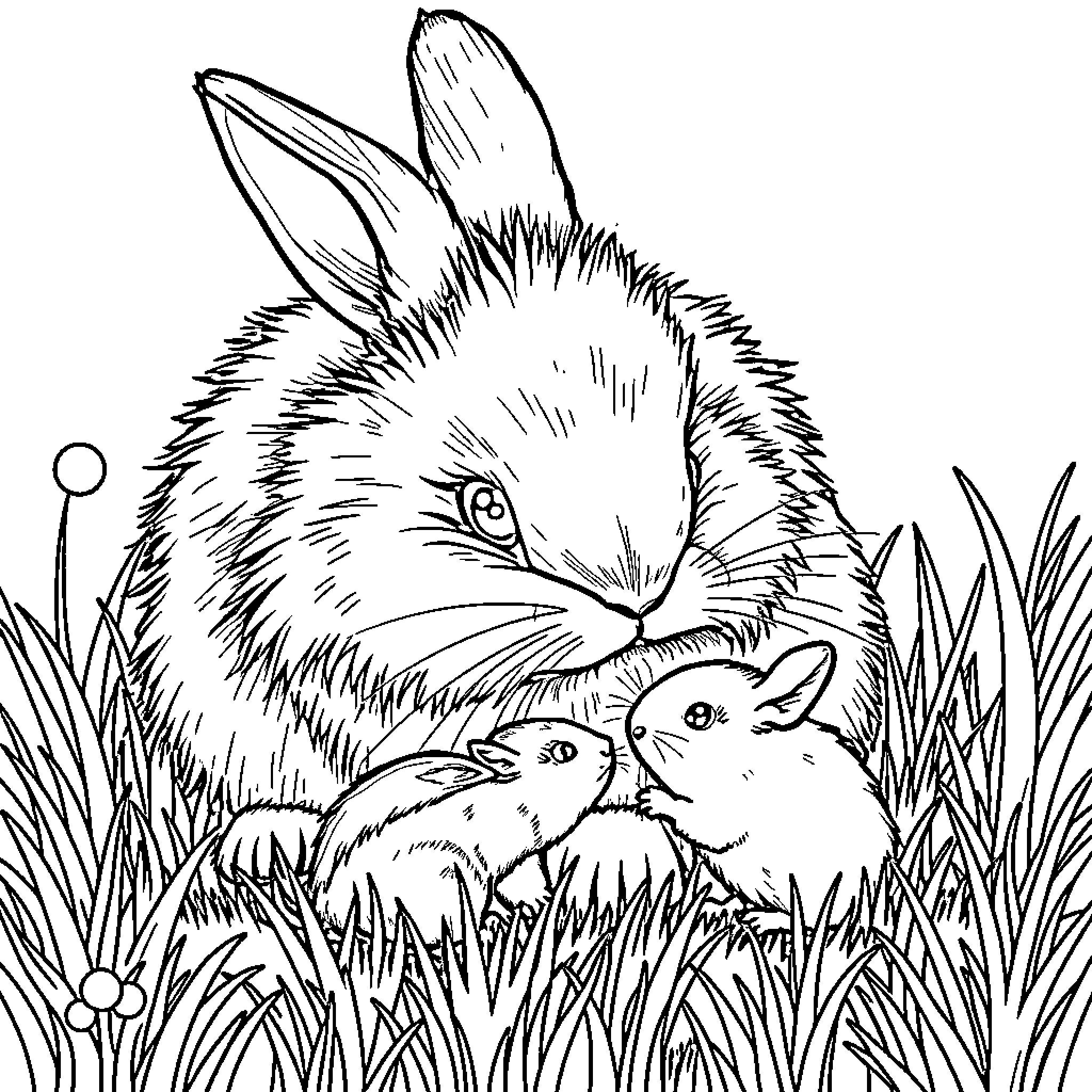 Bunny with babies snuggling in grass Coloring Page (free black-and-white line drawing printable PDF for all, from beginners to advanced learners, including children, teens, adults, and seniors)