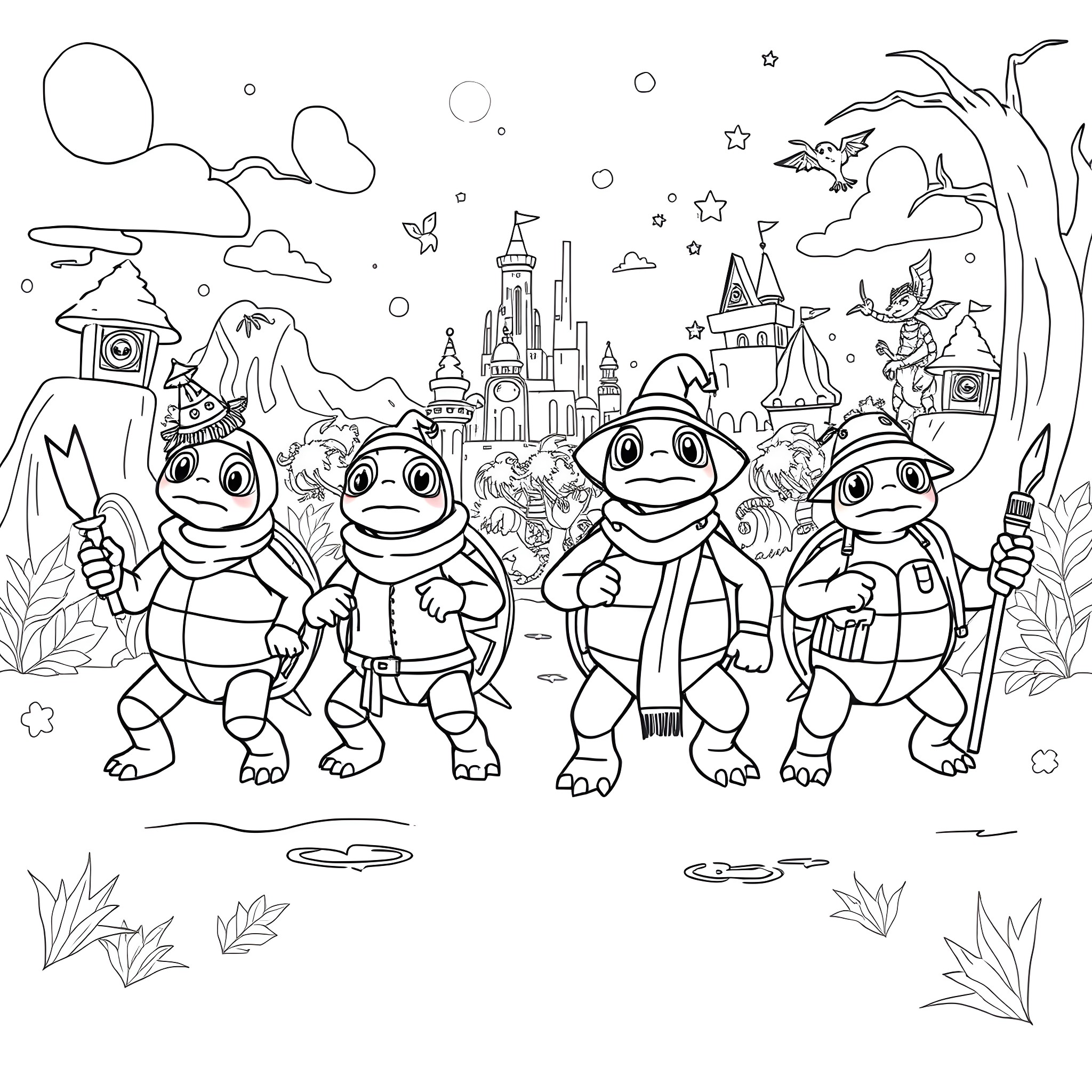 Turtles exploring a magical fantasy world Coloring Page (free black-and-white line drawing printable PDF for all, from beginners to advanced learners, including children, teens, adults, and seniors)