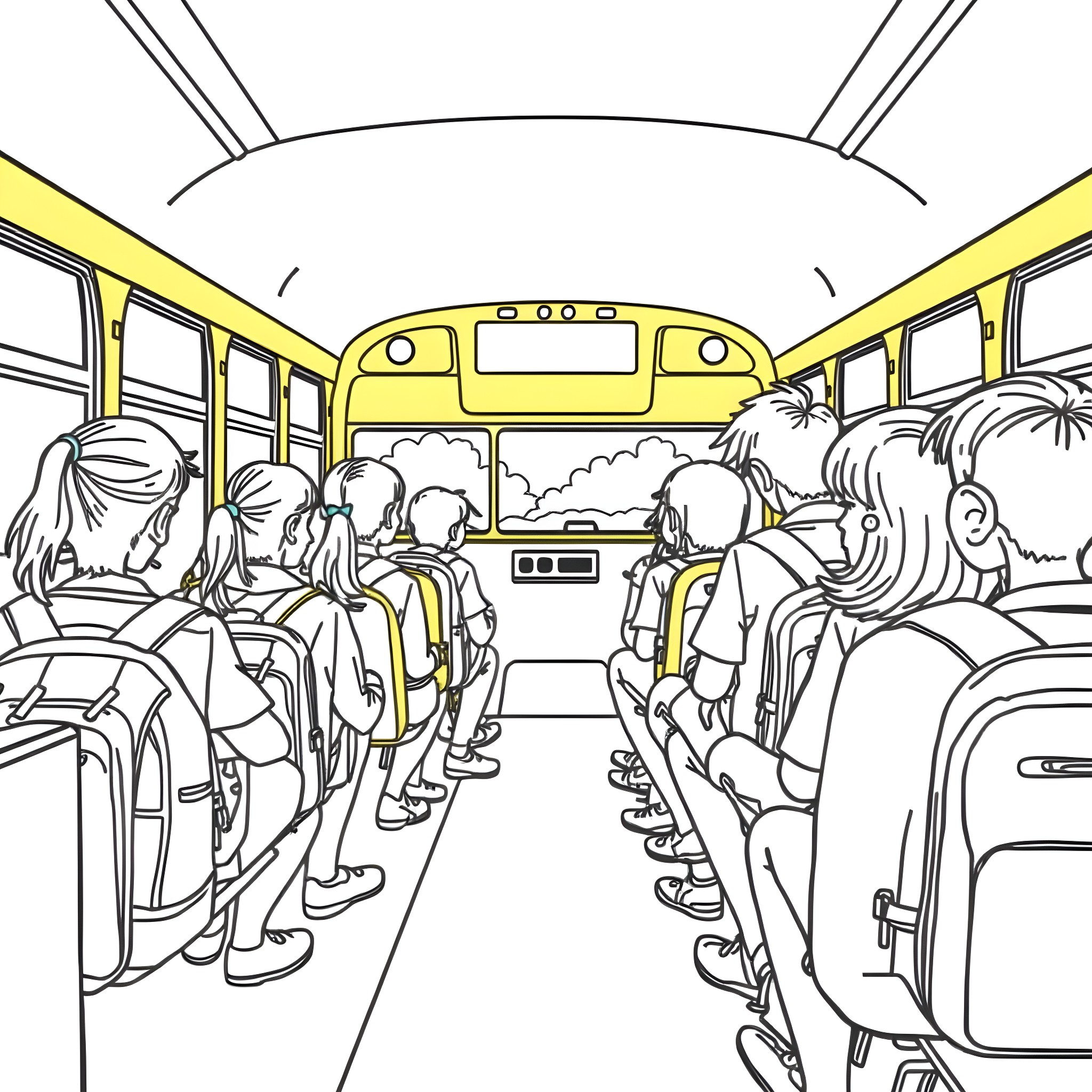 Students on school bus Coloring Page (free black-and-white line drawing printable PDF for all, from beginners to advanced learners, including children, teens, adults, and seniors)