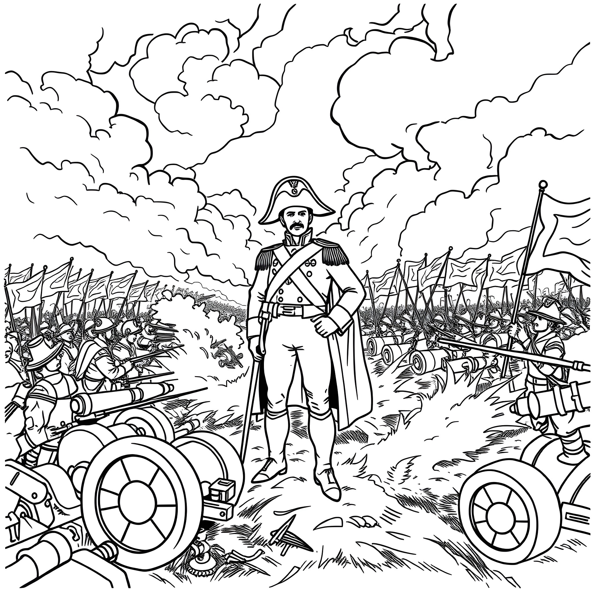 Napoleon leading his army on the battlefield Coloring Page (free black-and-white line drawing printable PDF for all, from beginners to advanced learners, including children, teens, adults, and seniors)