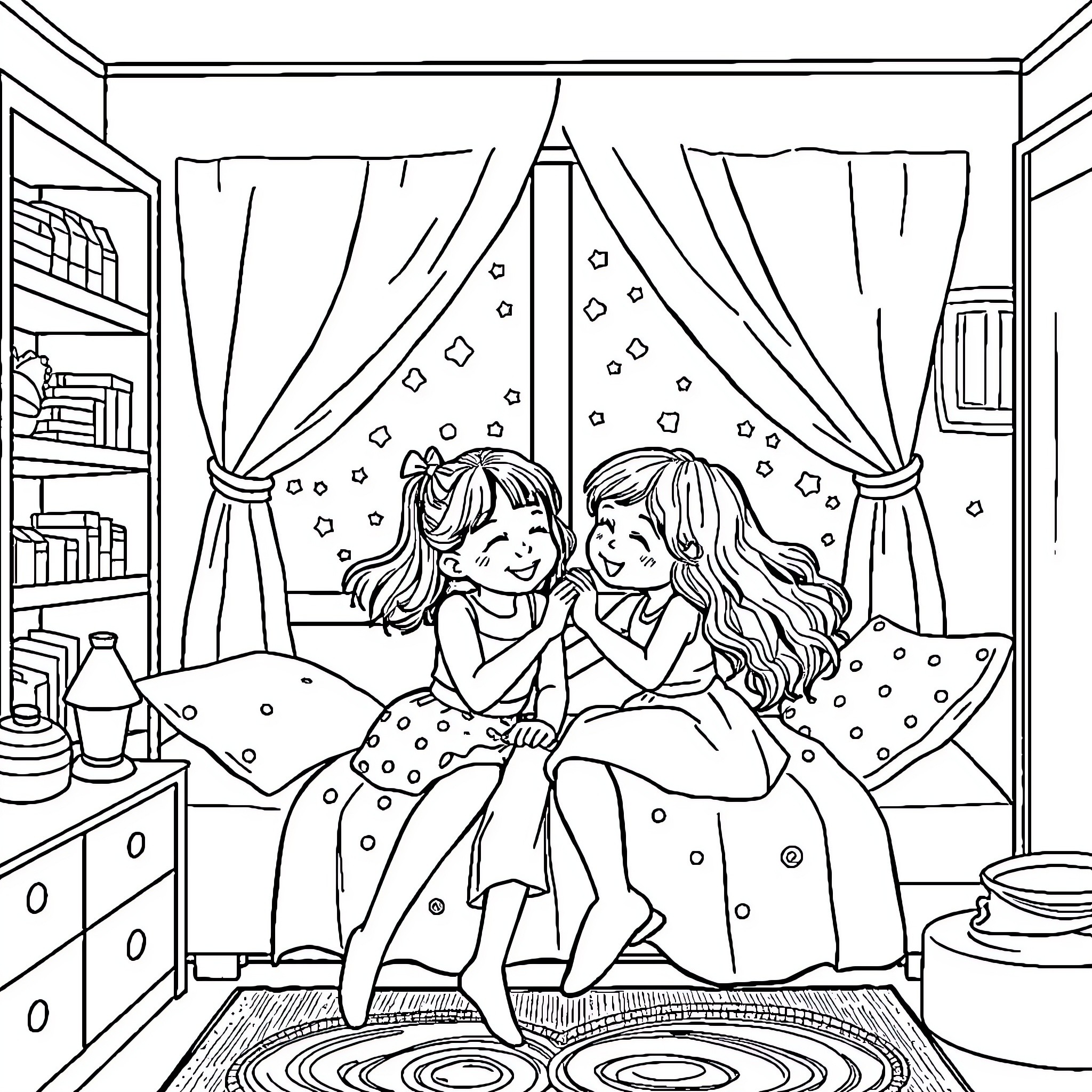 My Two Daughters Sharing a Cozy Evening Coloring Page (free black-and-white line drawing printable PDF for all, from beginners to advanced learners, including children, teens, adults, and seniors)