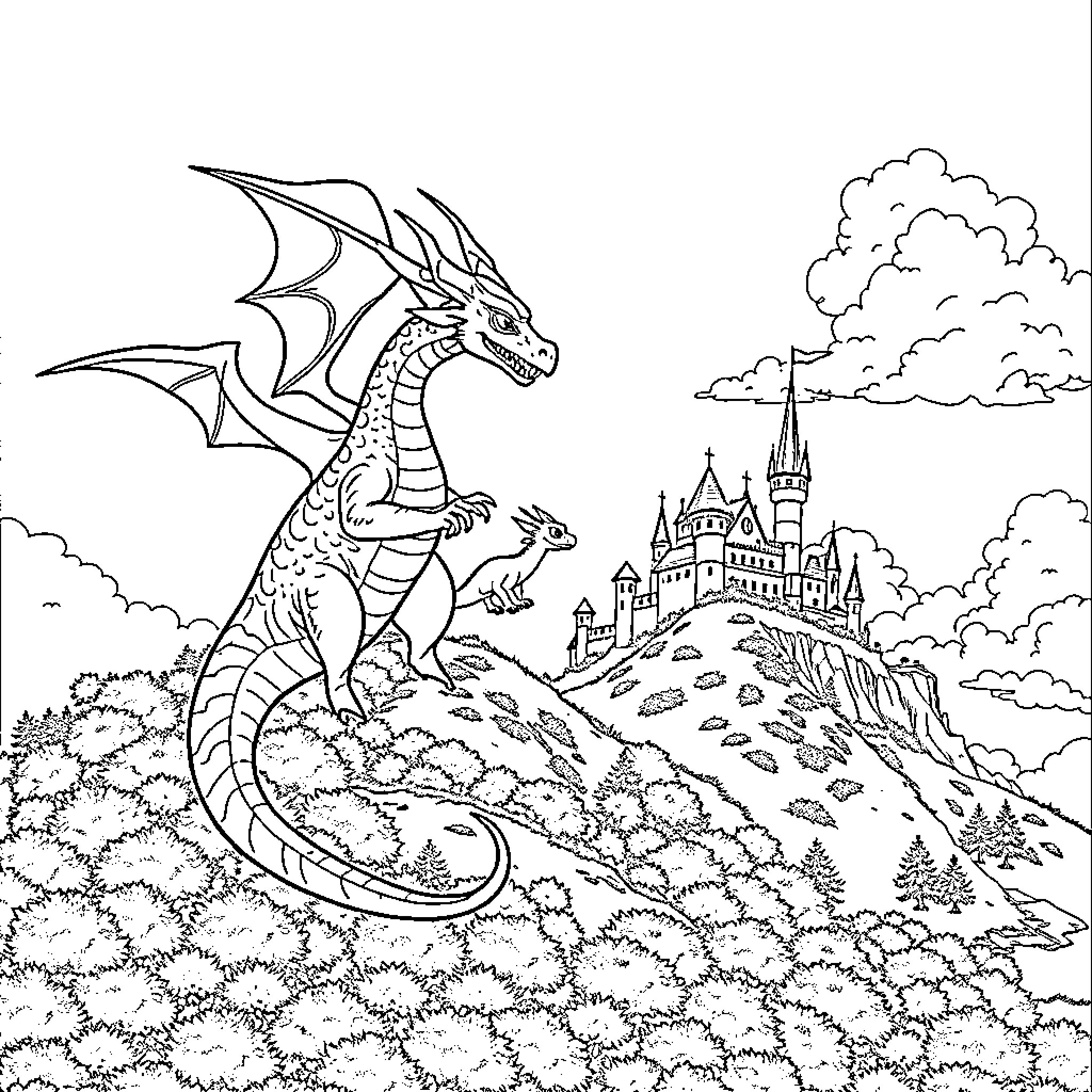 Dragon guarding a majestic castle in the clouds Coloring Page (free black-and-white line drawing printable PDF for all, from beginners to advanced learners, including children, teens, adults, and seniors)