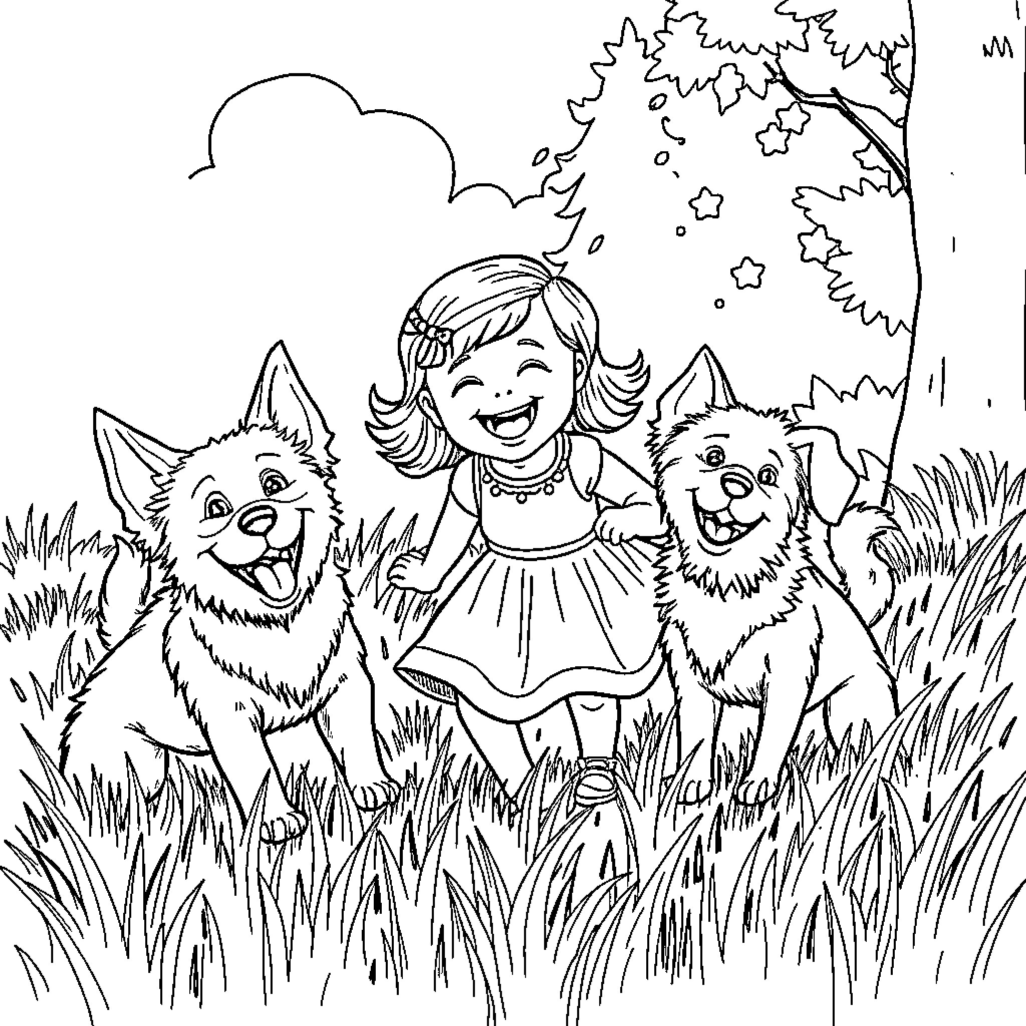 Girl playing happily with dogs in the park Coloring Page (free black-and-white line drawing printable PDF for all, from beginners to advanced learners, including children, teens, adults, and seniors)