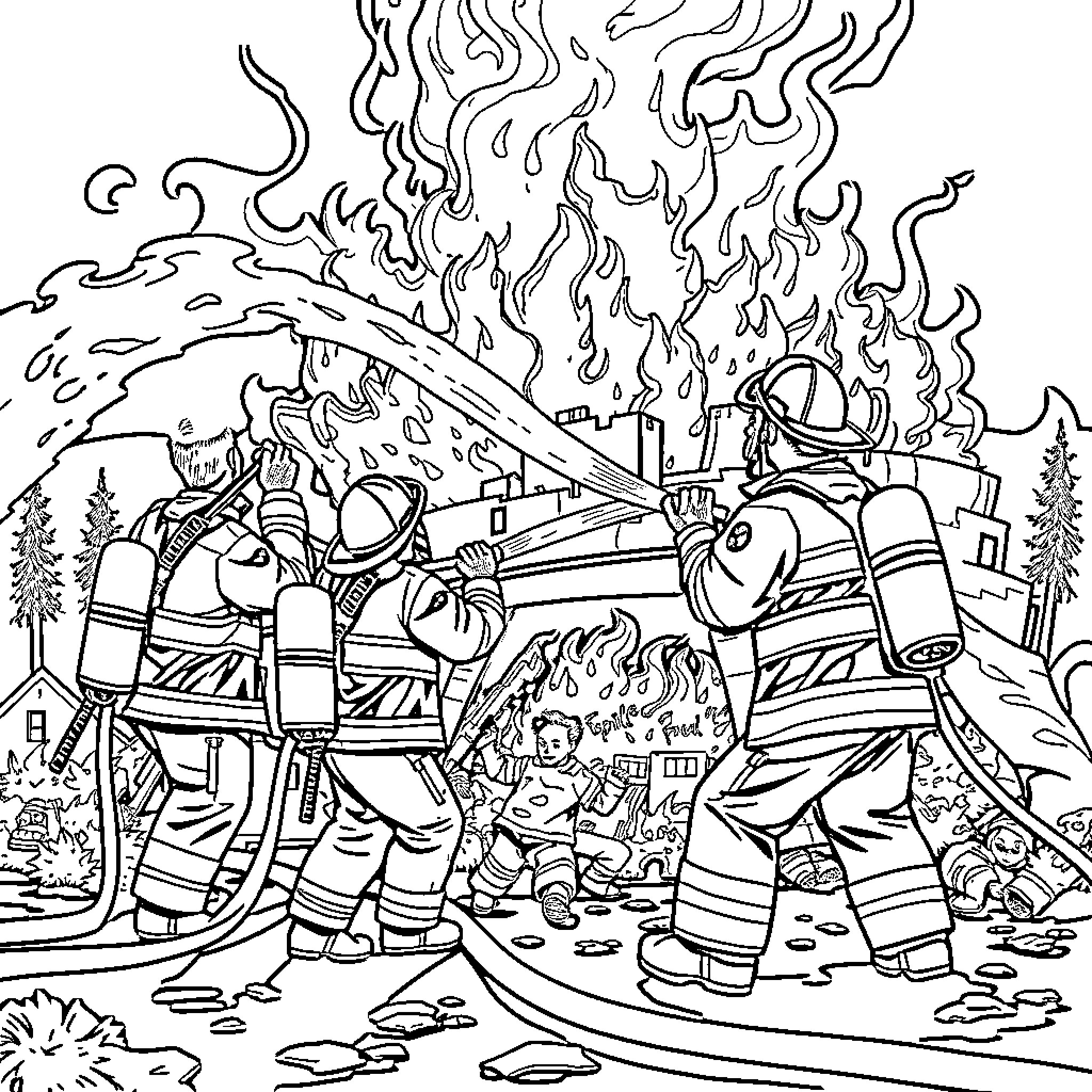Firefighters battling a raging blaze in the city Coloring Page (free black-and-white line drawing printable PDF for all, from beginners to advanced learners, including children, teens, adults, and seniors)