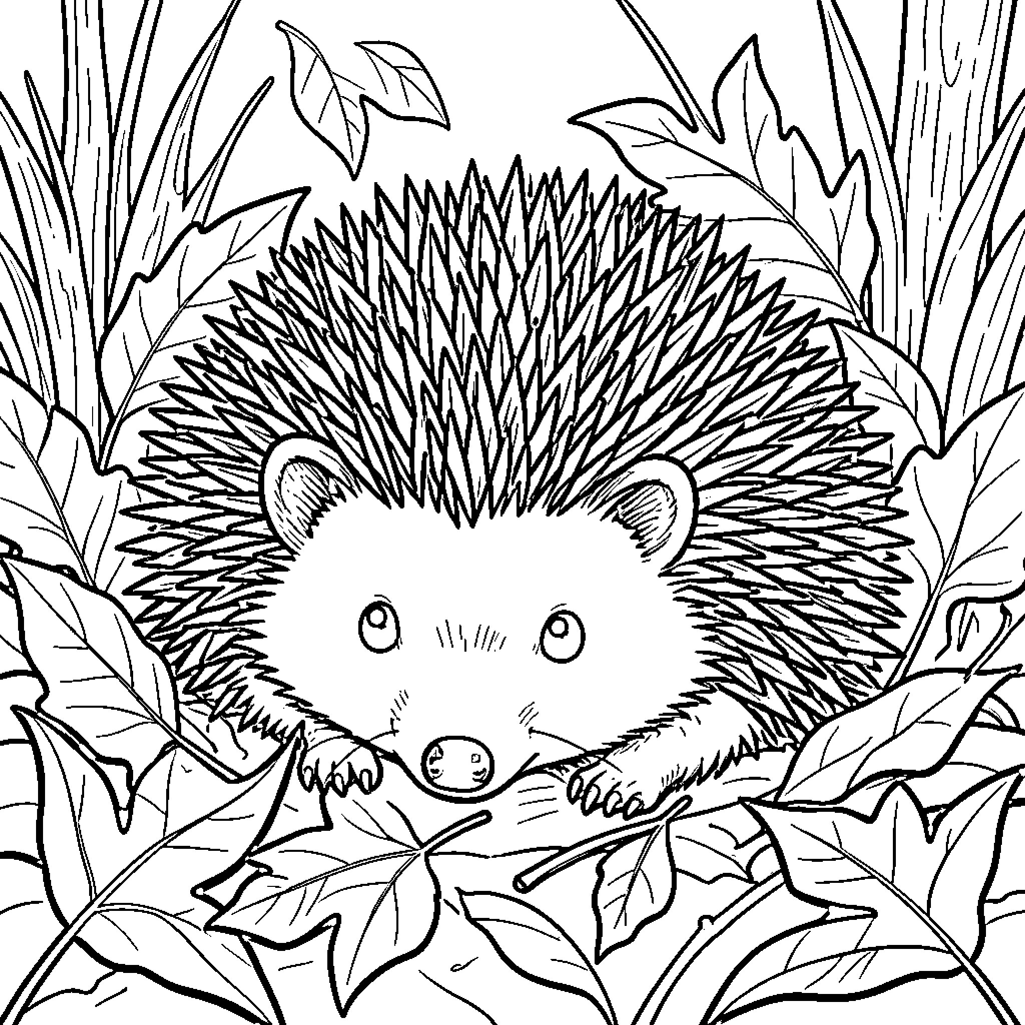 Hedgehog peeking out from among forest leaves Coloring Page (free black-and-white line drawing printable PDF for all, from beginners to advanced learners, including children, teens, adults, and seniors)